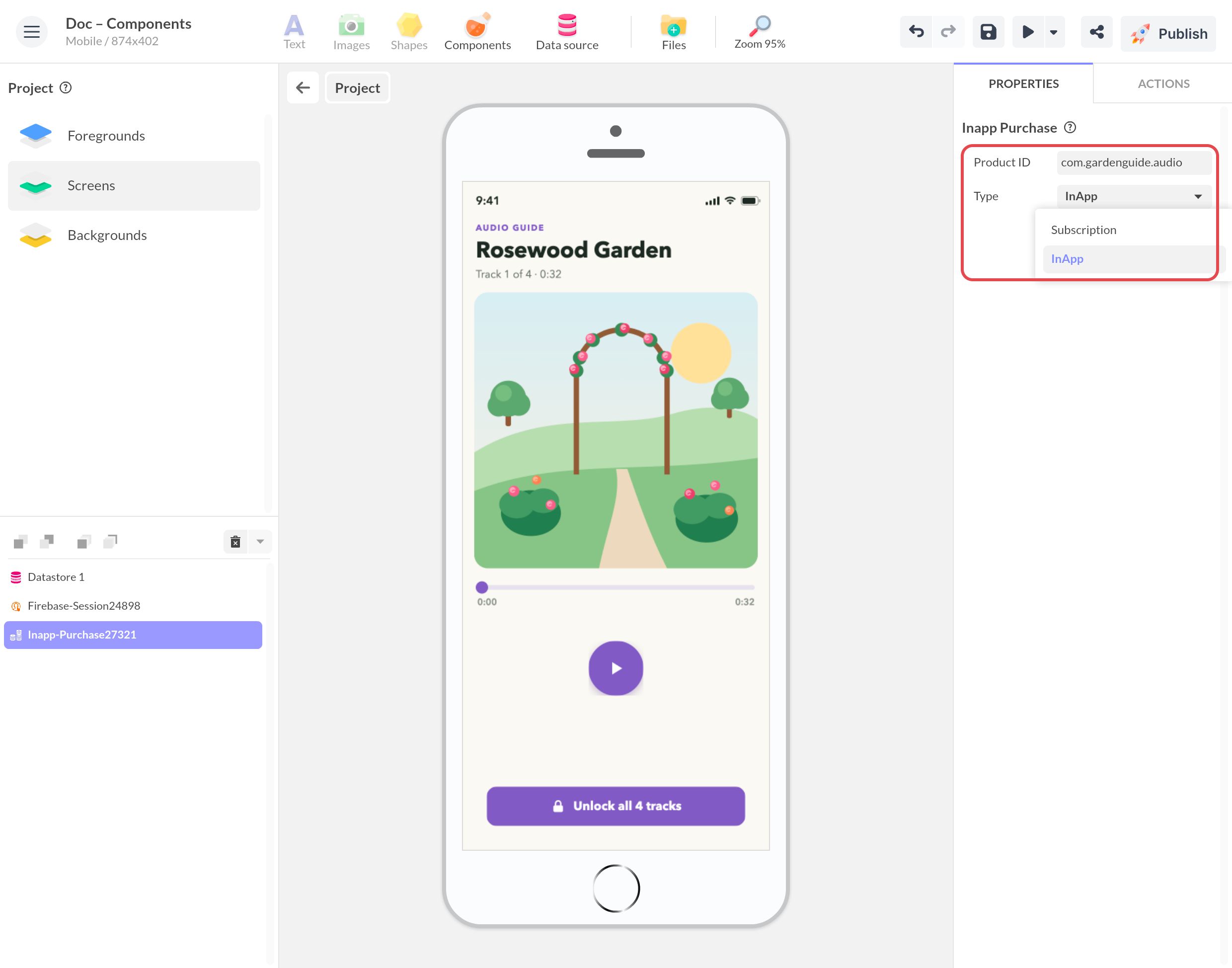 Composant Achat intégré au niveau du projet : Product ID com.gardenguide.audio et liste Type ouverte sur Subscription ou InApp