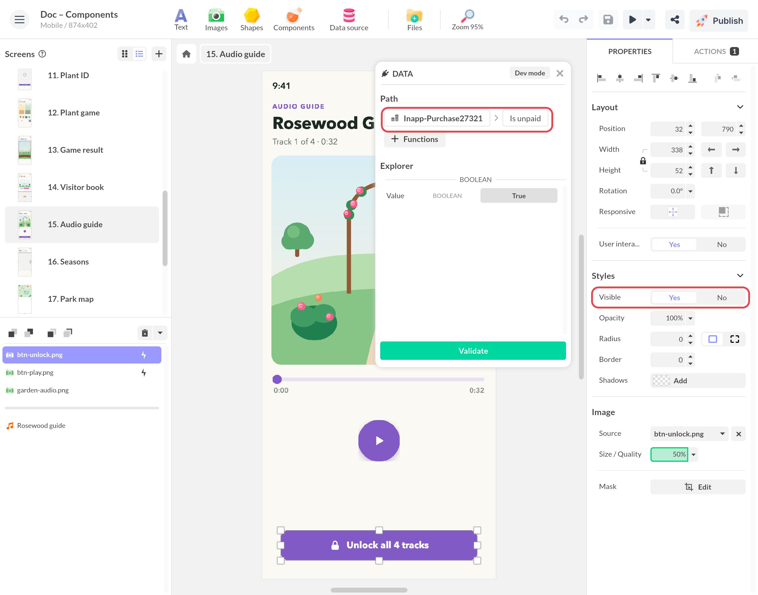Fenêtre Données de la propriété Visible du bouton Unlock all 4 tracks : chemin Achat intégré › Is unpaid, un booléen à True pour l'instant