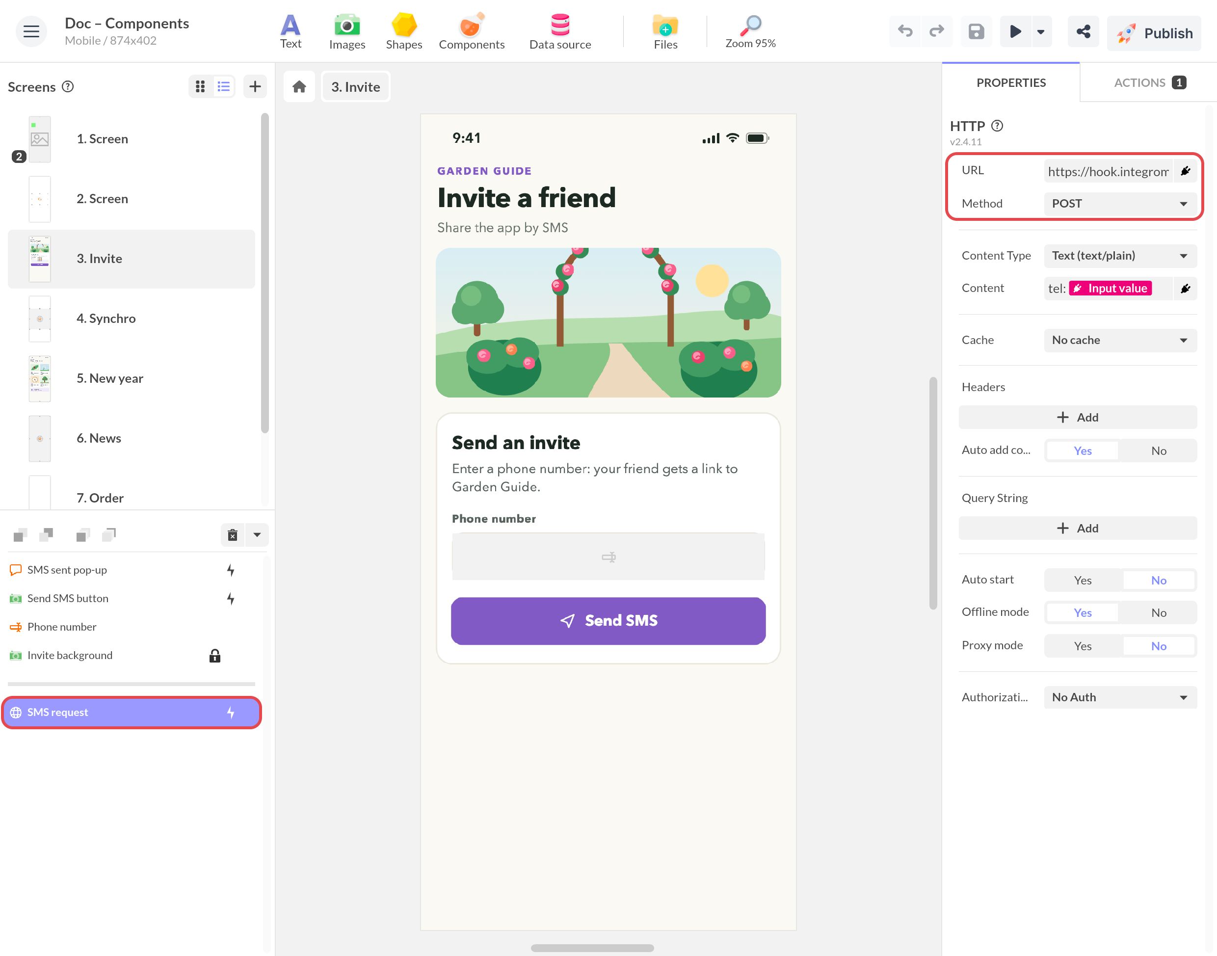 Propriétés du composant HTTP dans PandaSuite Studio : l'URL du webhook Integromat encadrée dans le champ URL, avec la méthode POST