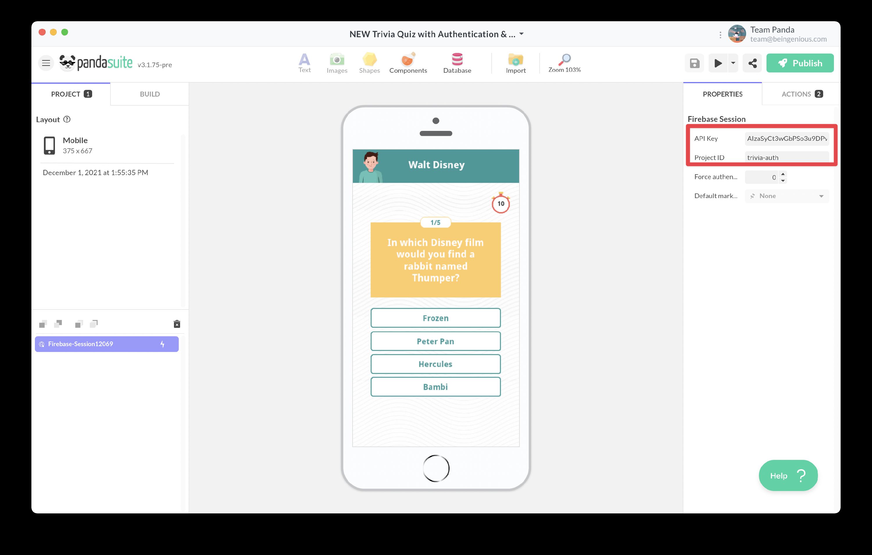 Inserting Firebase Session component in PandaSuite