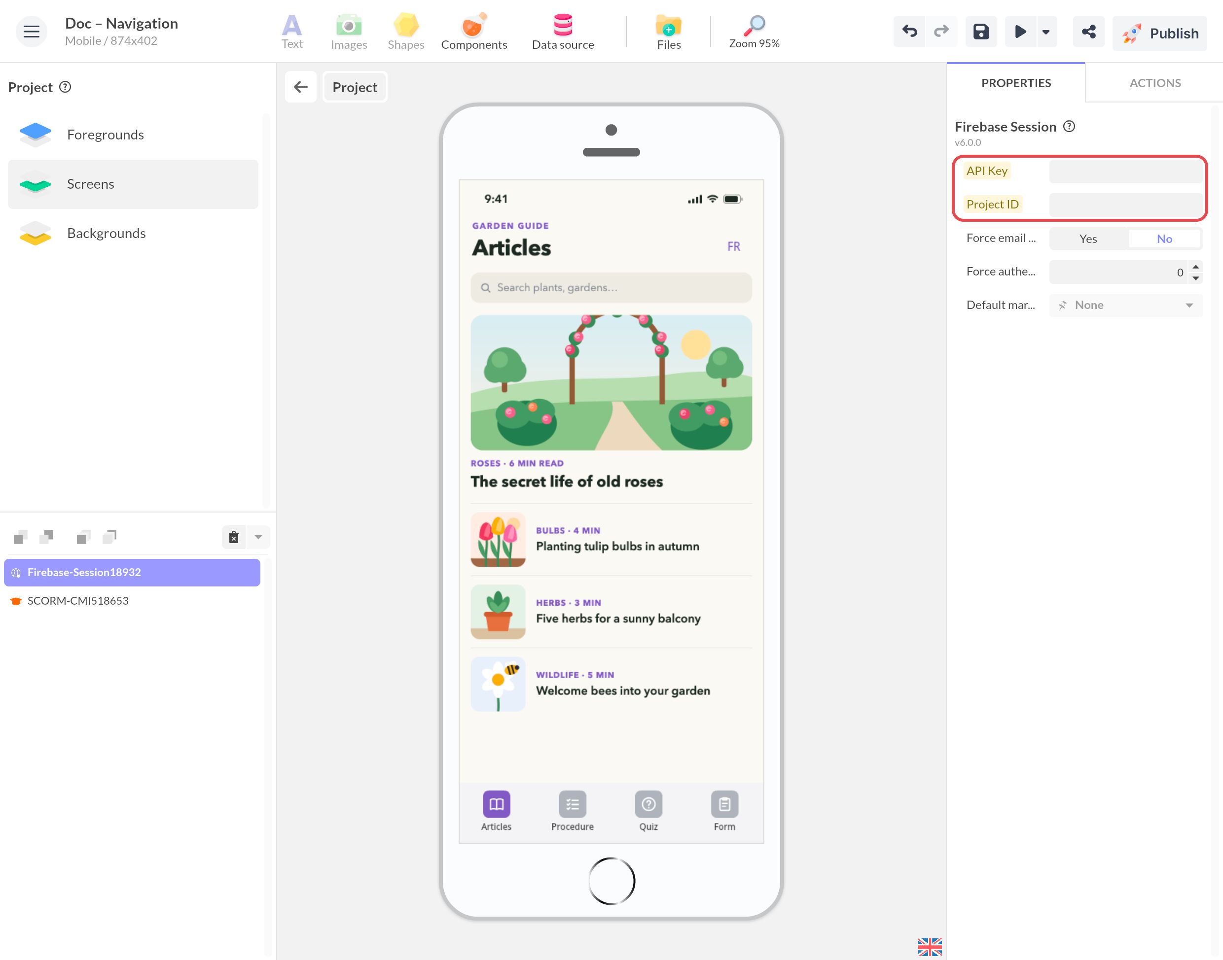 Composant Session Firebase au niveau du projet dans PandaSuite Studio : ses champs Clé API et ID du projet, encore vides, sont encadrés