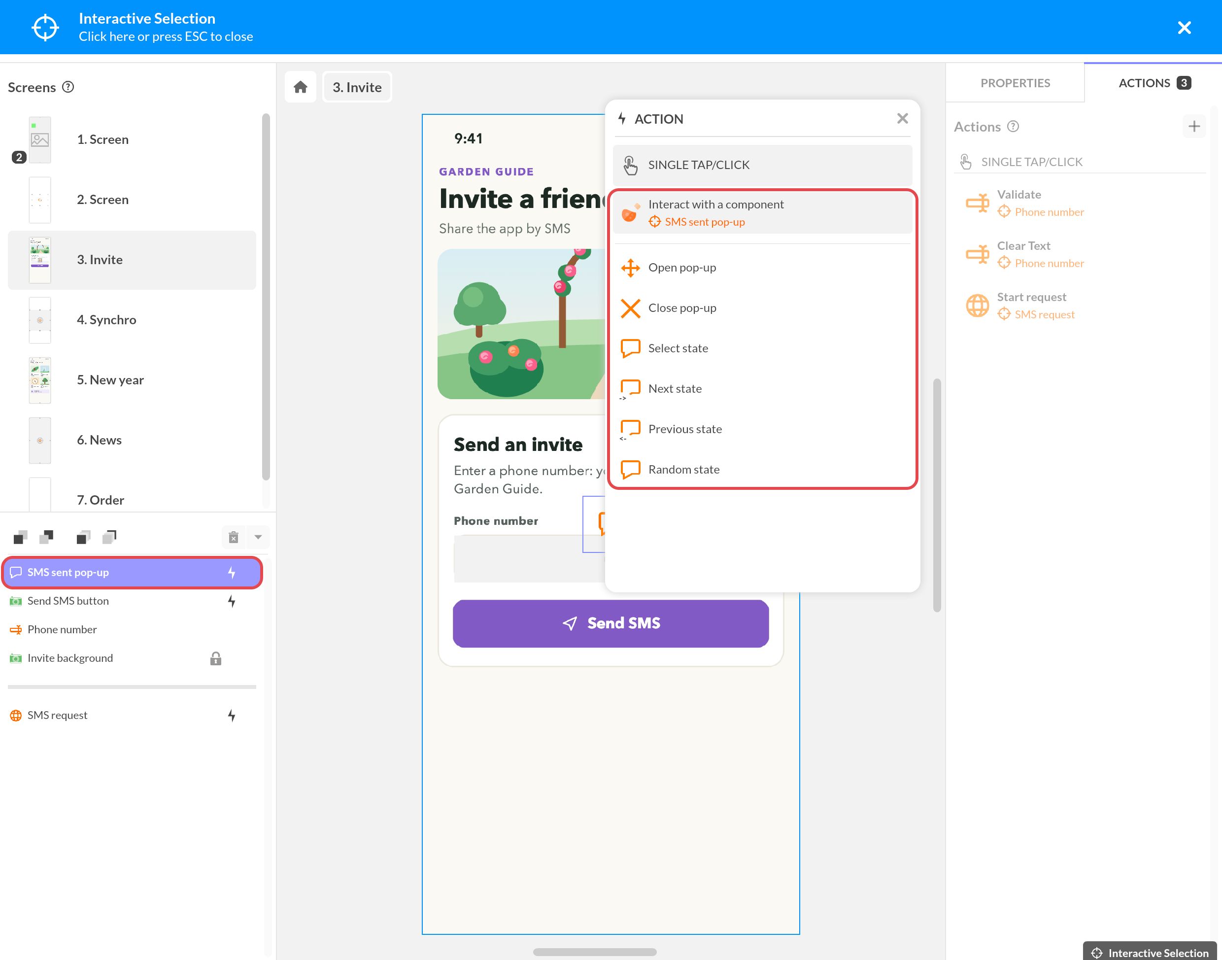 Action Agir sur un composant : le bandeau de sélection interactive est ouvert, la pop-up choisie peut s'ouvrir, se fermer ou changer d'état
