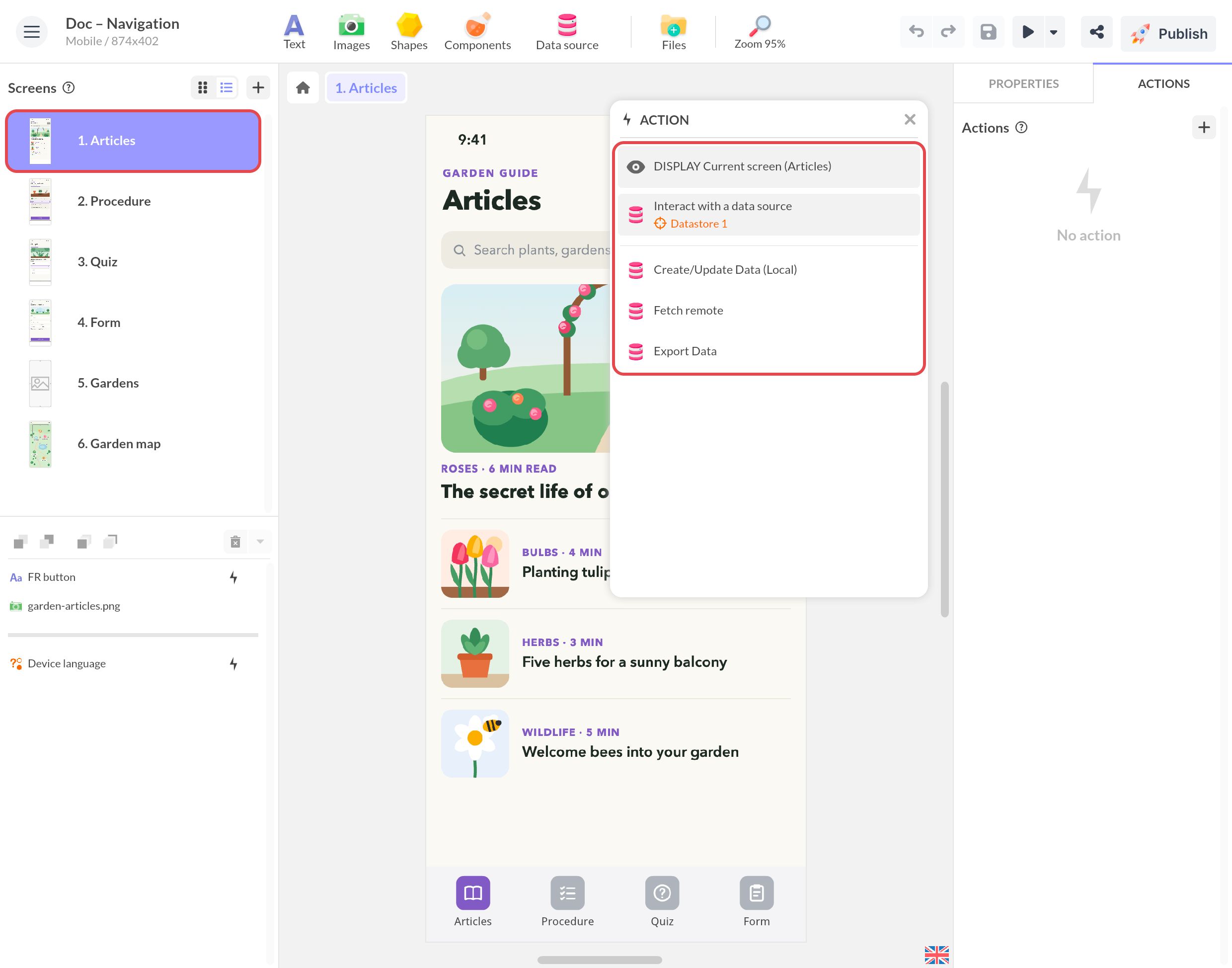 Action Agir sur une source de données à l'affichage de l'écran Articles, sur un Datastore PandaSuite : créer, mettre à jour, récupérer, exporter