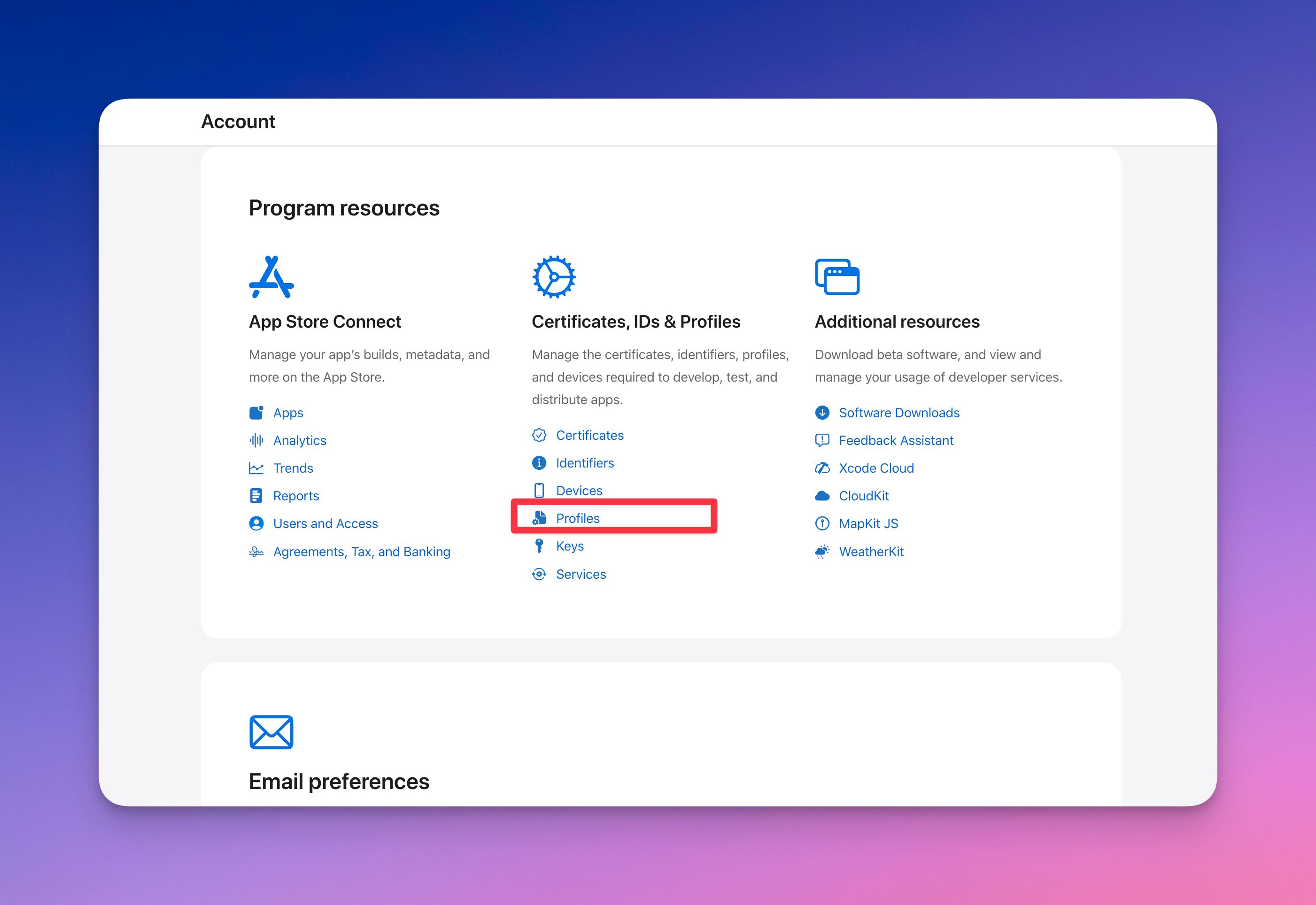 interface of Apple Developer account