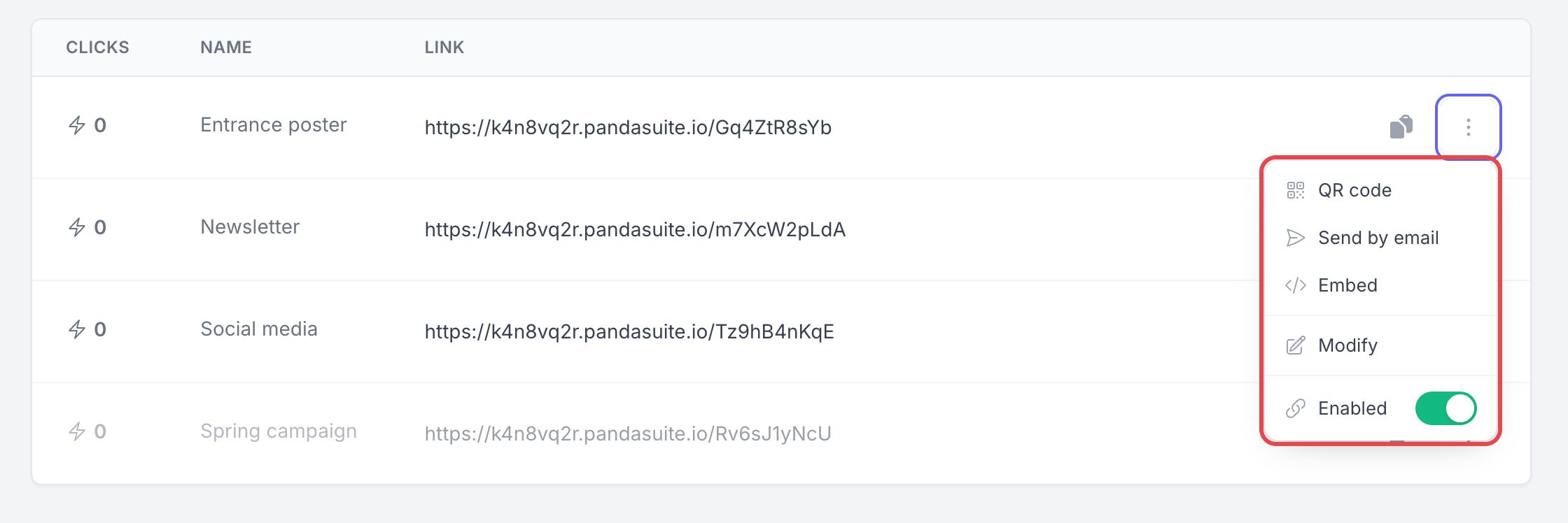 Options menu of a link, framed: QR code, Send by email, Embed, Modify, and the Enabled switch