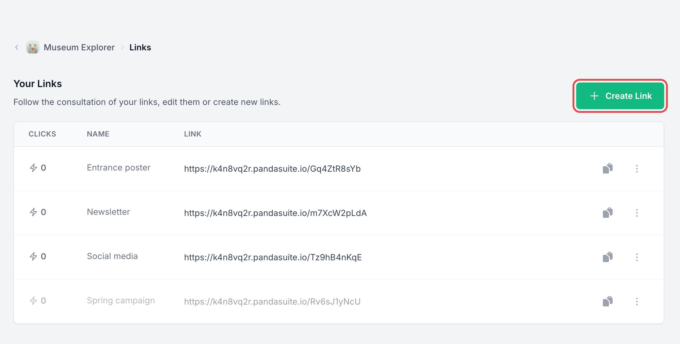 Links page of an app: the list of links with their clicks, name and address, and the framed Create Link button