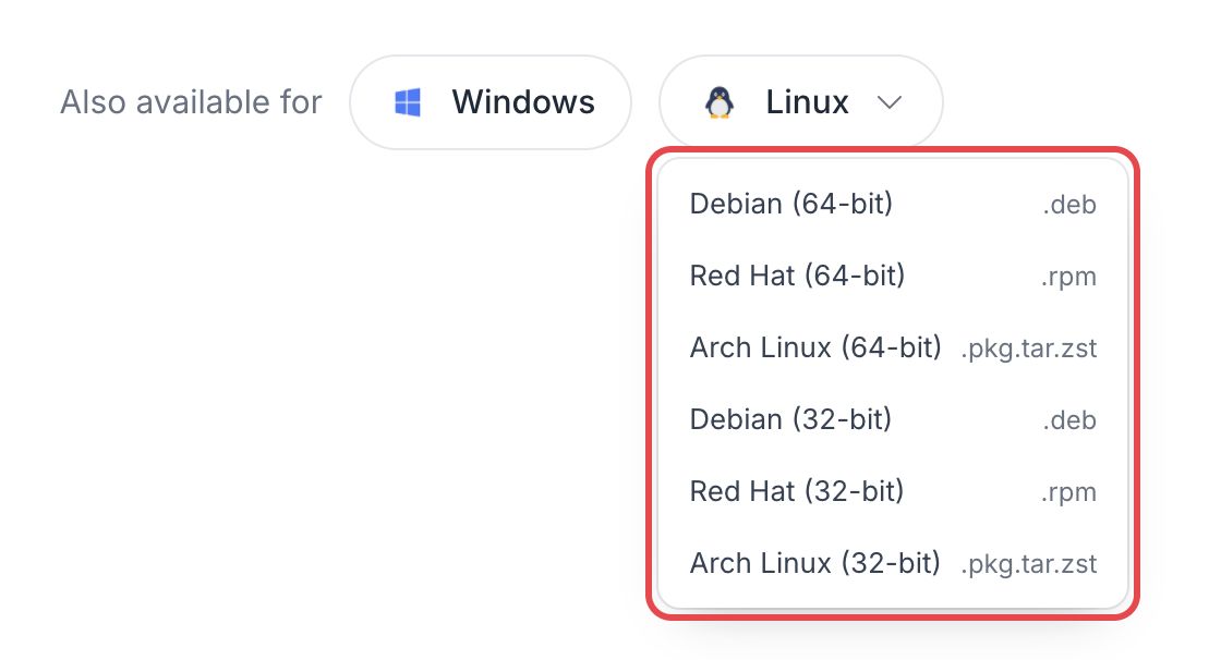 Menu Linux de la page de téléchargement : Debian, Red Hat et Arch Linux en 64 et 32 bits, chacun avec son type de paquet