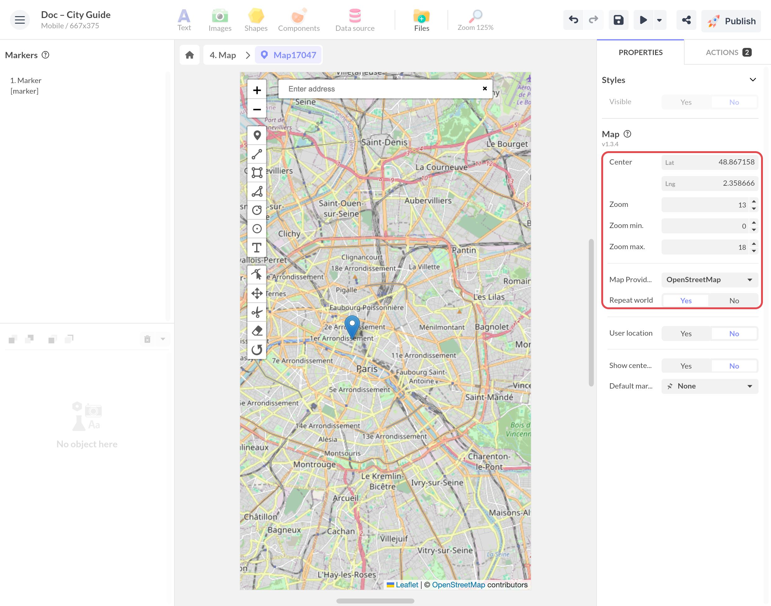 Carte de Paris ouverte avec ses outils de dessin ; ses propriétés encadrées : centre, Zoom 13, Zoom min. et max., OpenStreetMap et Repeat world