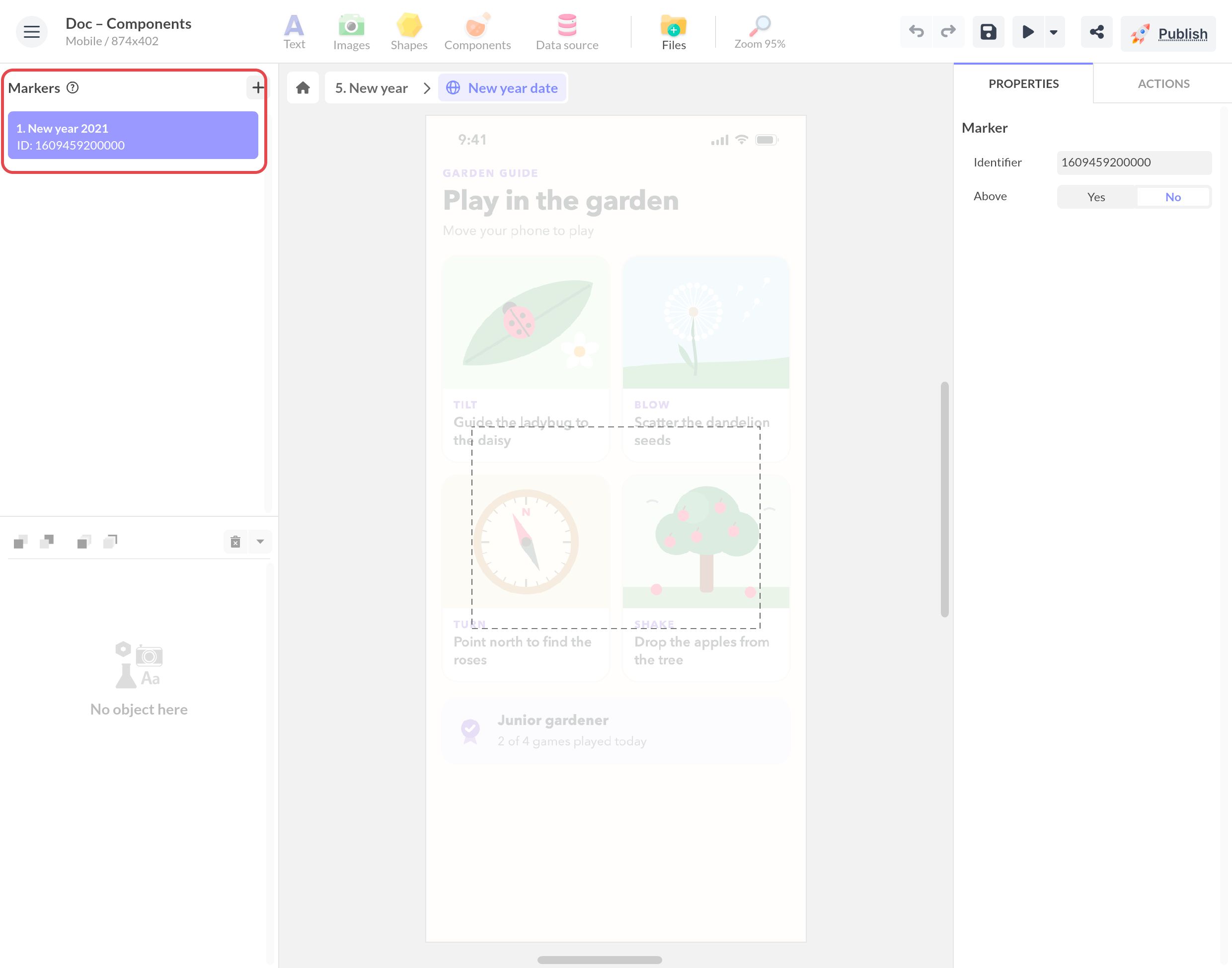 Panneau Marqueurs à gauche, dans un composant Web : le marqueur New year 2021 et son identifiant, avec ses propriétés à droite