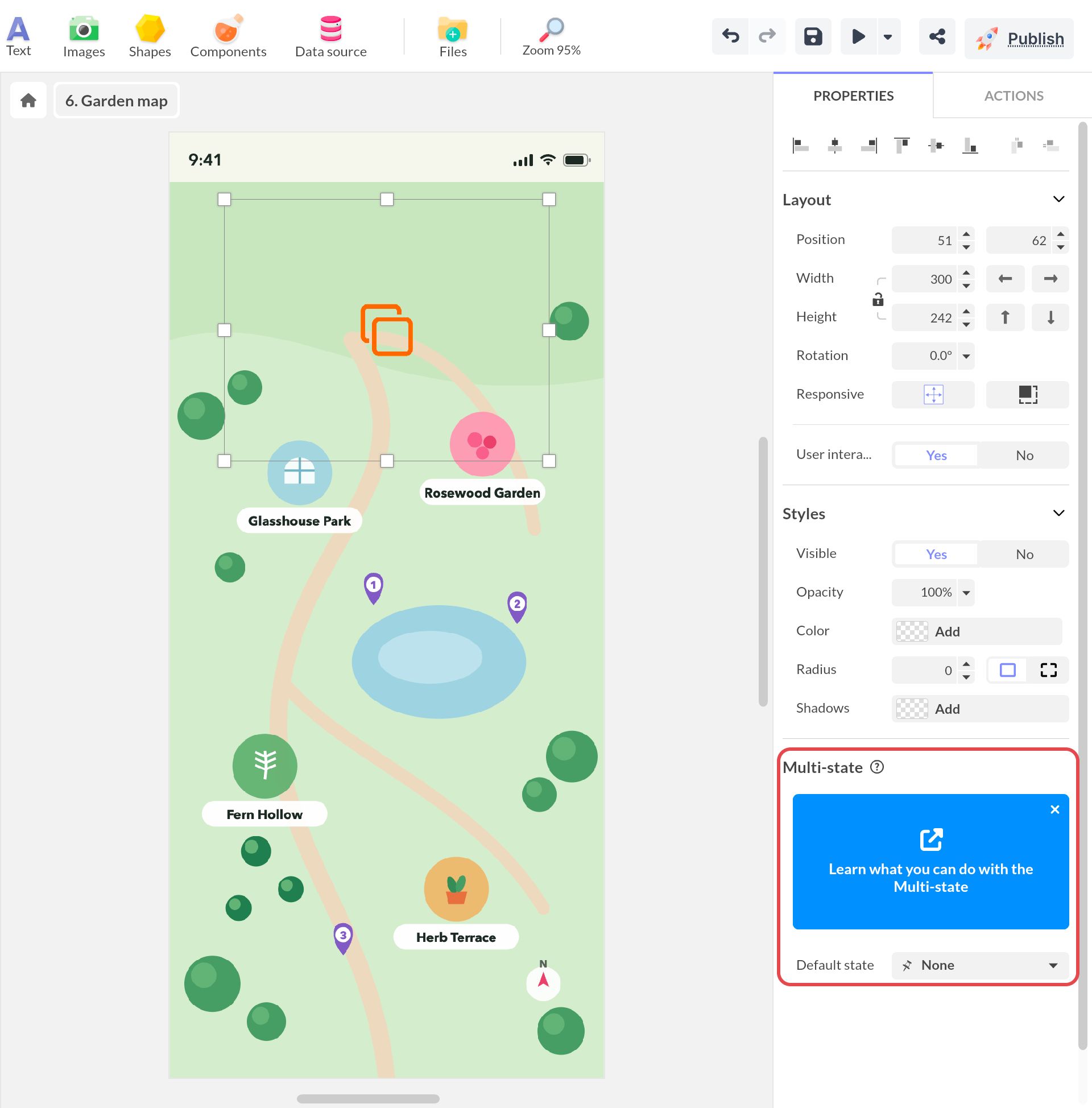 Composant Multi-état inséré au-dessus du plan du parc et sélectionné, avec la section Multi-state de ses propriétés