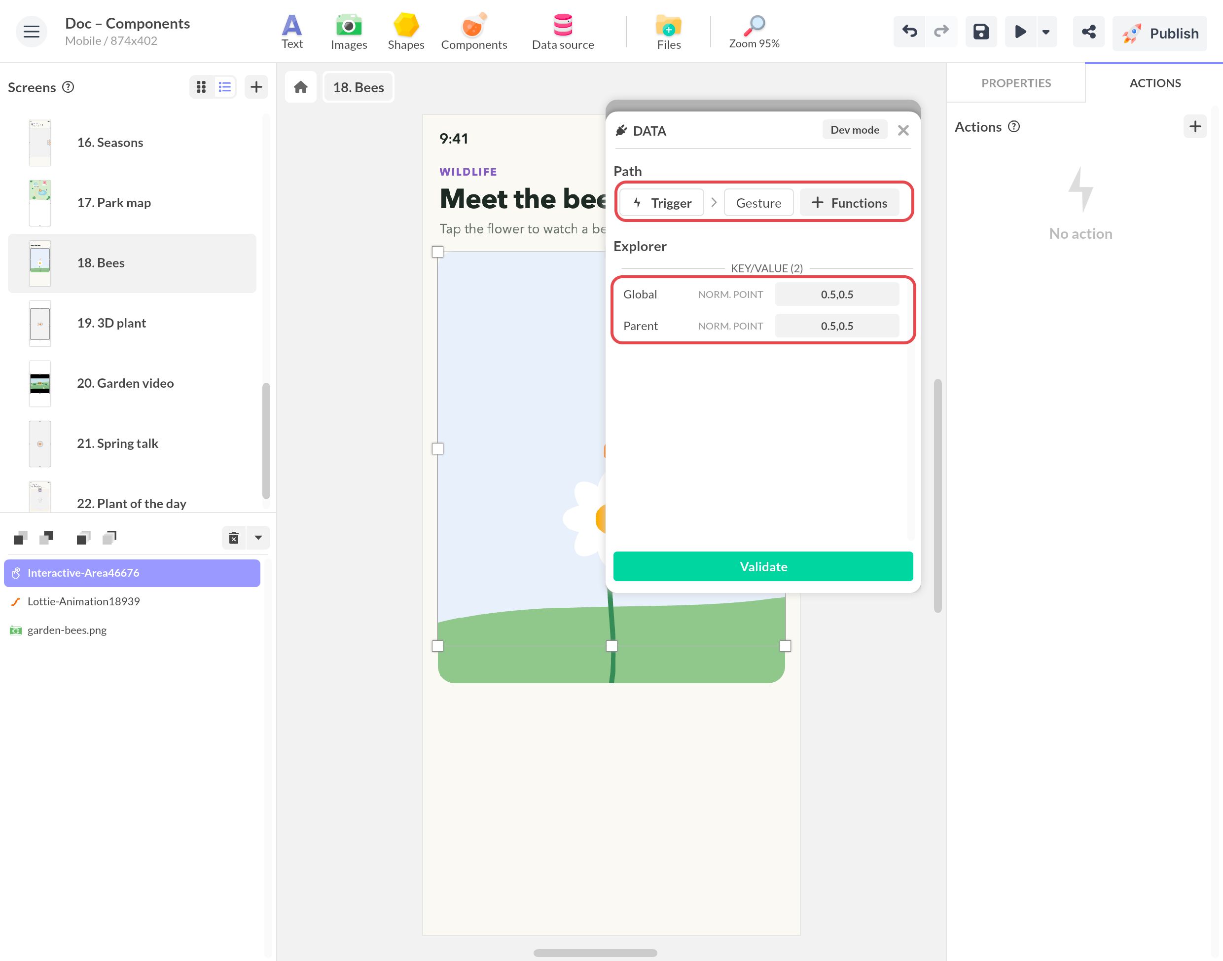 Tap sur une Zone interactive d'un écran d'abeilles : la fenêtre de données affiche Trigger › Gesture, avec les Norm. Points Global et Parent encadrés