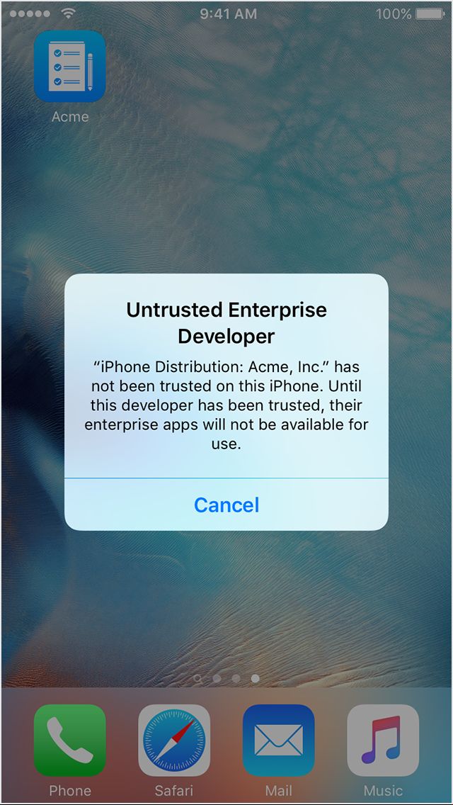 Notification about untrusted enterprise app
