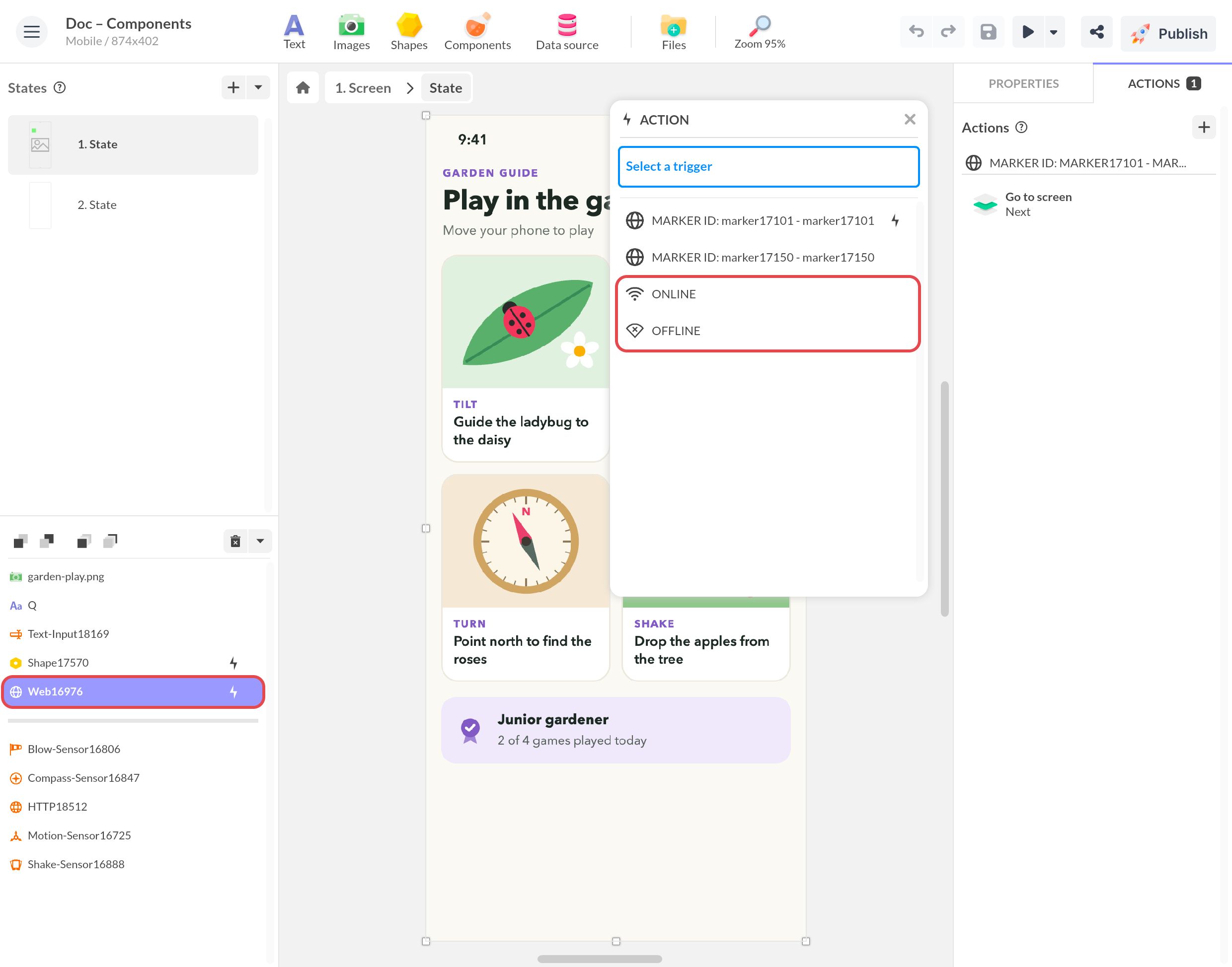 Fenêtre Action du composant Web : après ses marqueurs, les déclencheurs En ligne et Hors ligne, pour prévenir les utilisateurs hors ligne