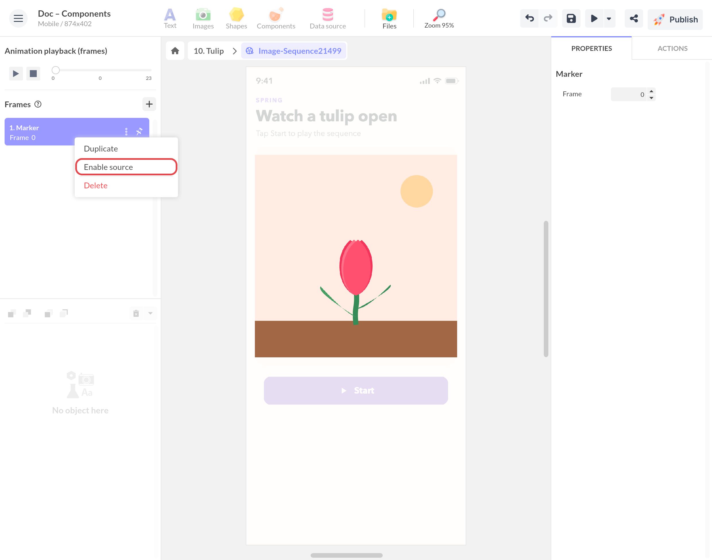Panneau Frames d'une Séquence d'images de tulipe : le menu de son marqueur, avec Enable source (Activer source) encadré