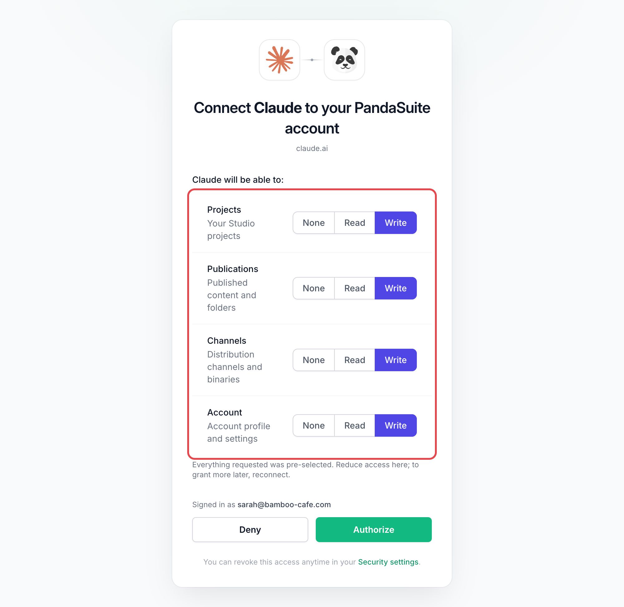 Connect Claude to your PandaSuite account page: the framed access levels for each resource, above the Deny and Authorize buttons