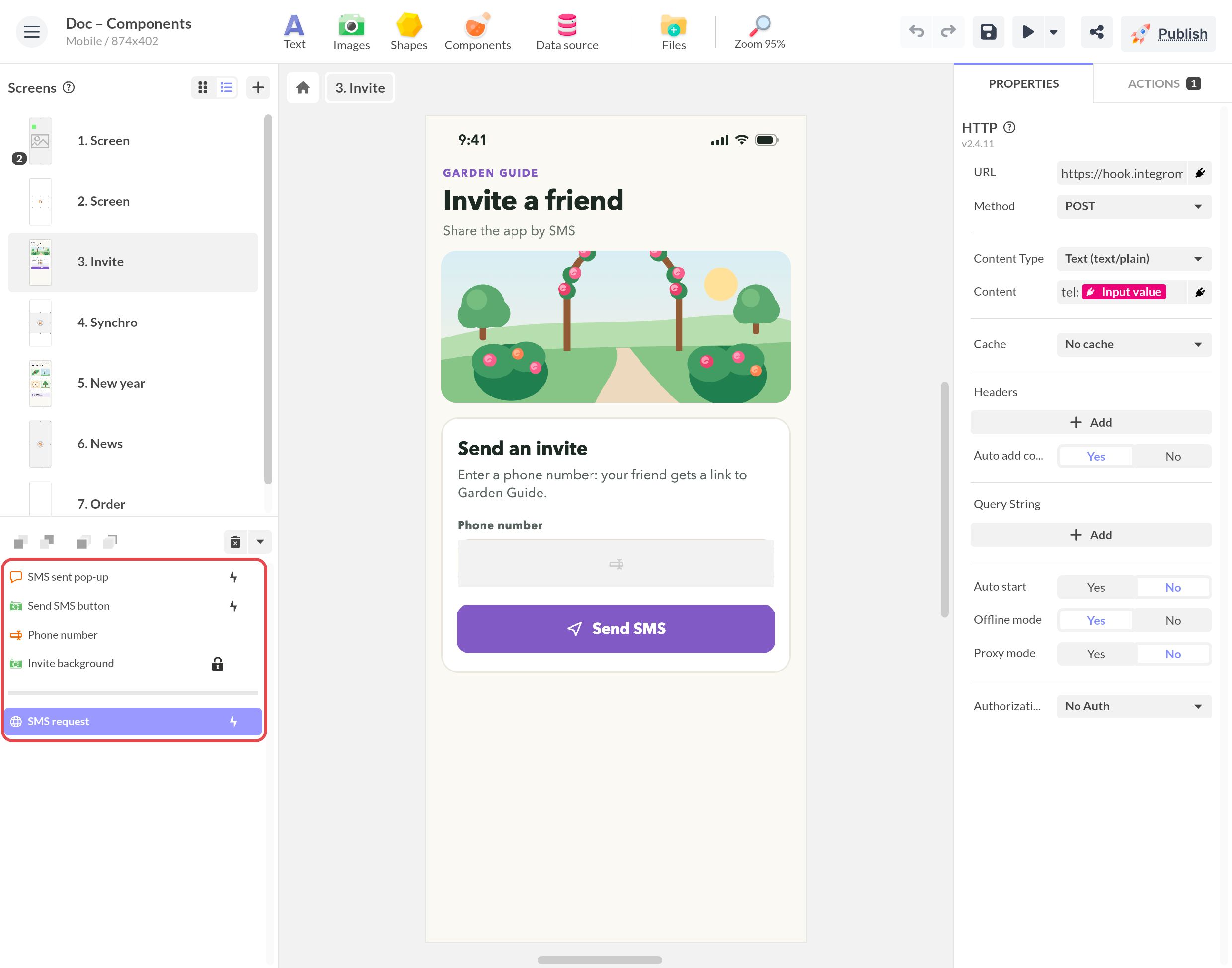 Liste des objets de l'écran Invite : pop-up, bouton, saisie de texte et fond, puis le composant HTTP SMS request sous le séparateur