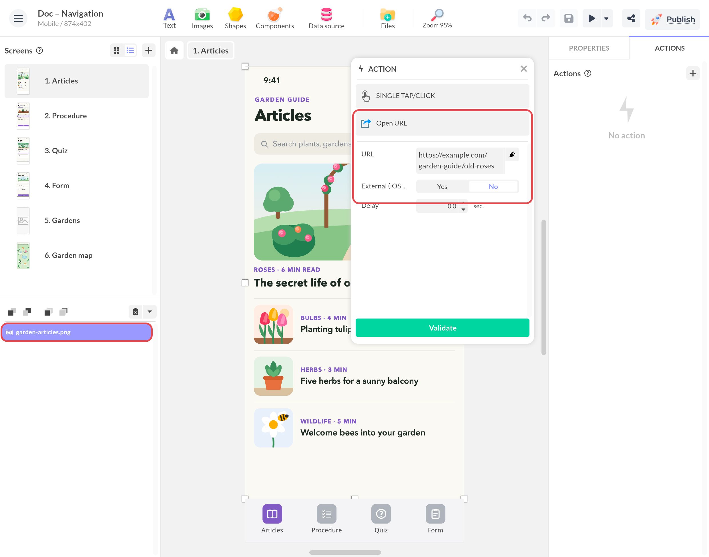 Action Ouvrir une URL sur l'image d'un article : champ URL renseigné, option External (iOS…) et délai