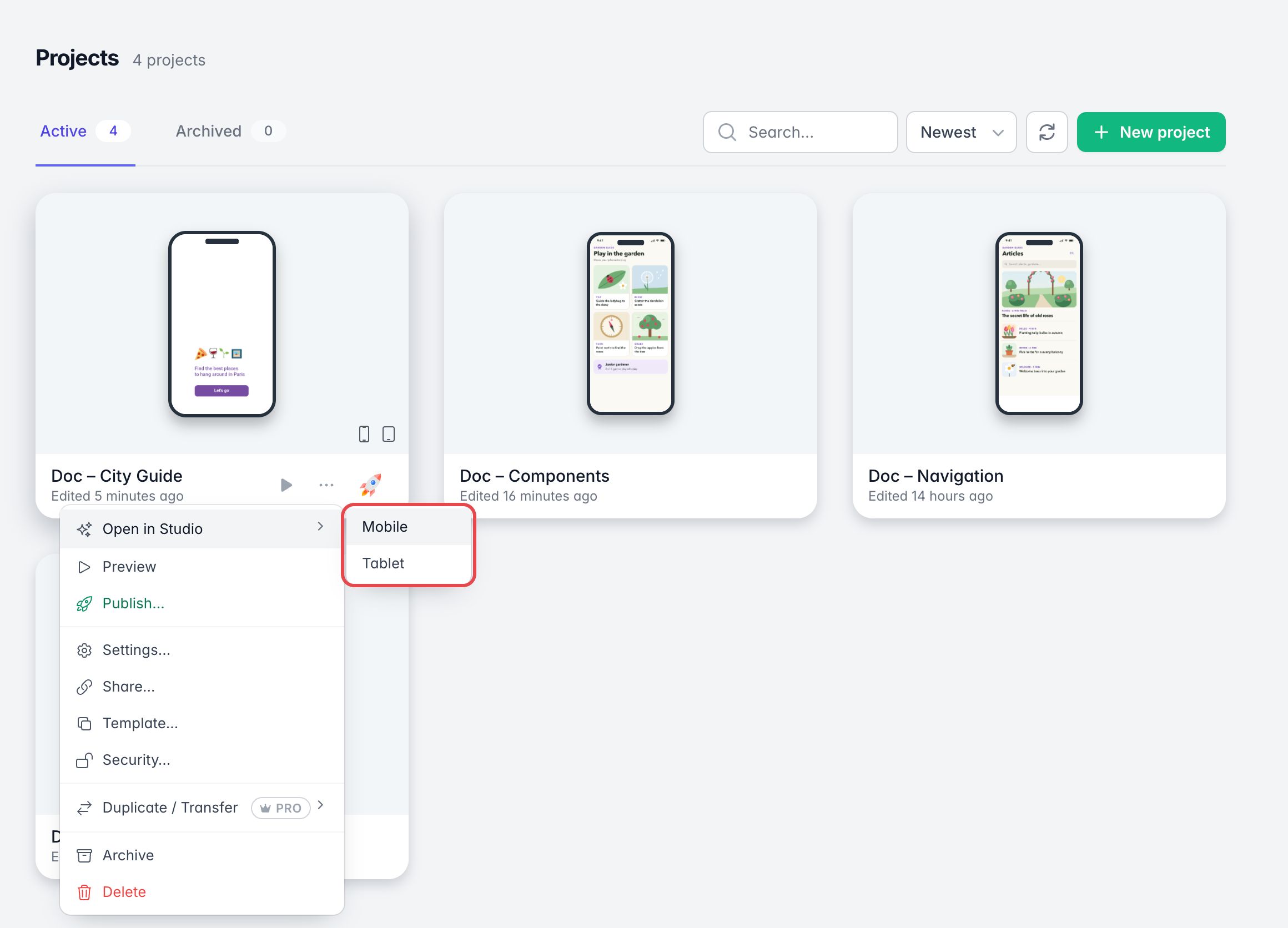 Projets du dashboard : le menu ··· d'un projet, Open in Studio pointé, et son sous-menu Mobile et Tablet encadré