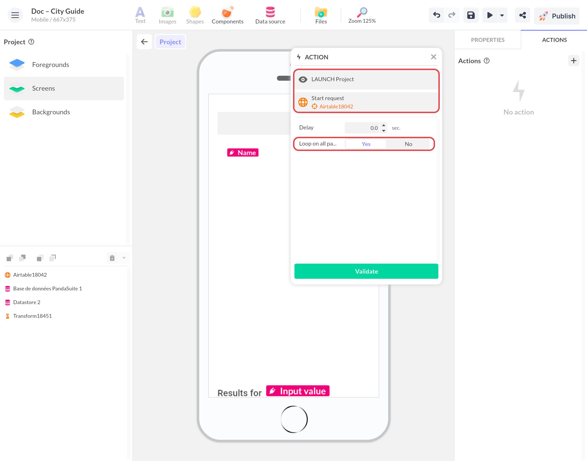 Actions du projet : au lancement, Lancer la requête sur le composant Airtable, avec Boucle sur toutes les pages sur Oui, encadrée