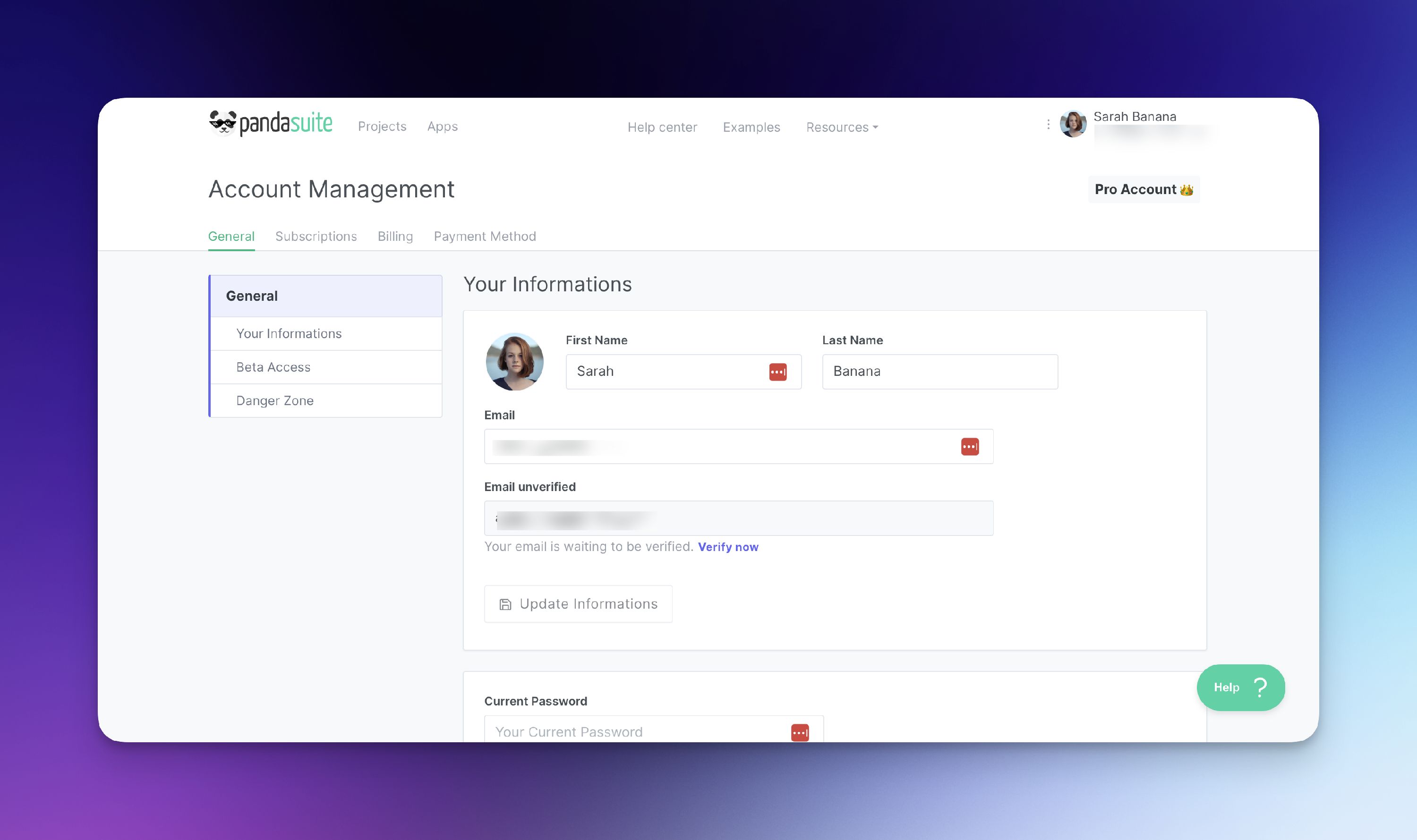 PandaSuite account settings overview