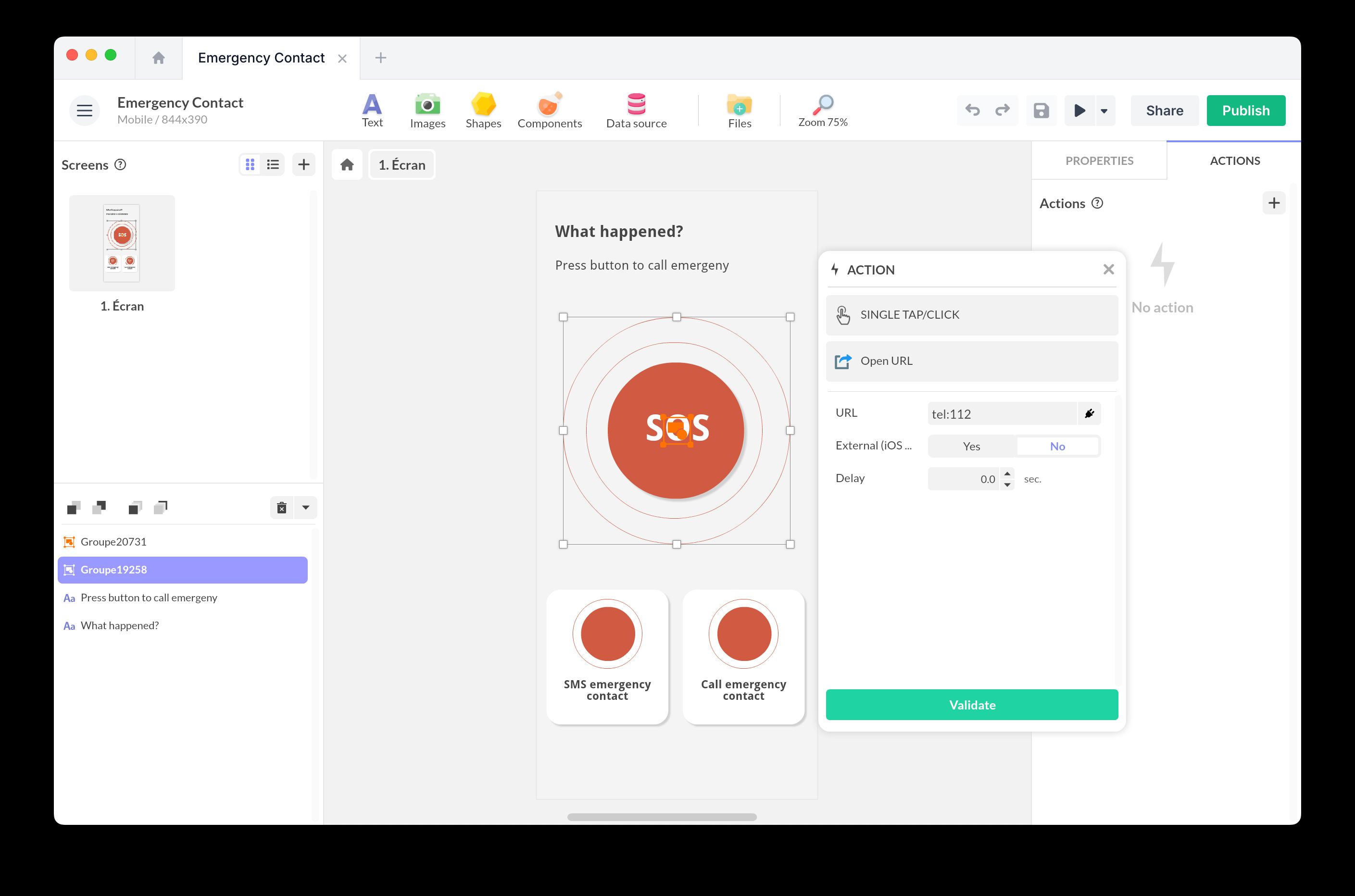 PandaSuite Open URL action phone call example