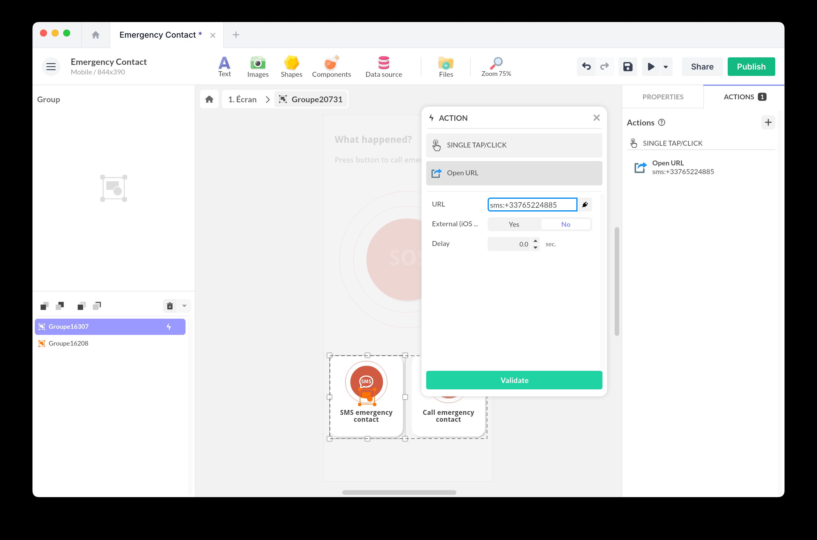 PandaSuite Open URL action SMS example