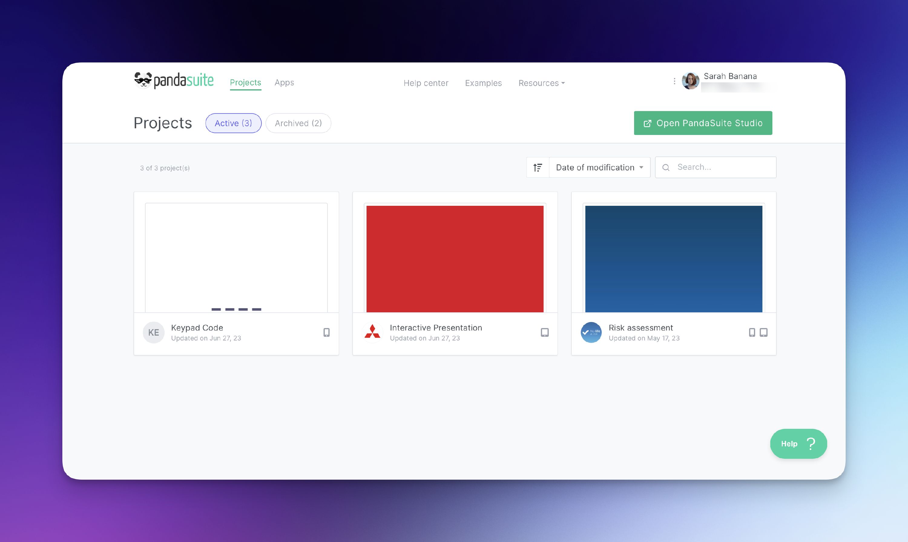 PandaSuite project dashboard overview