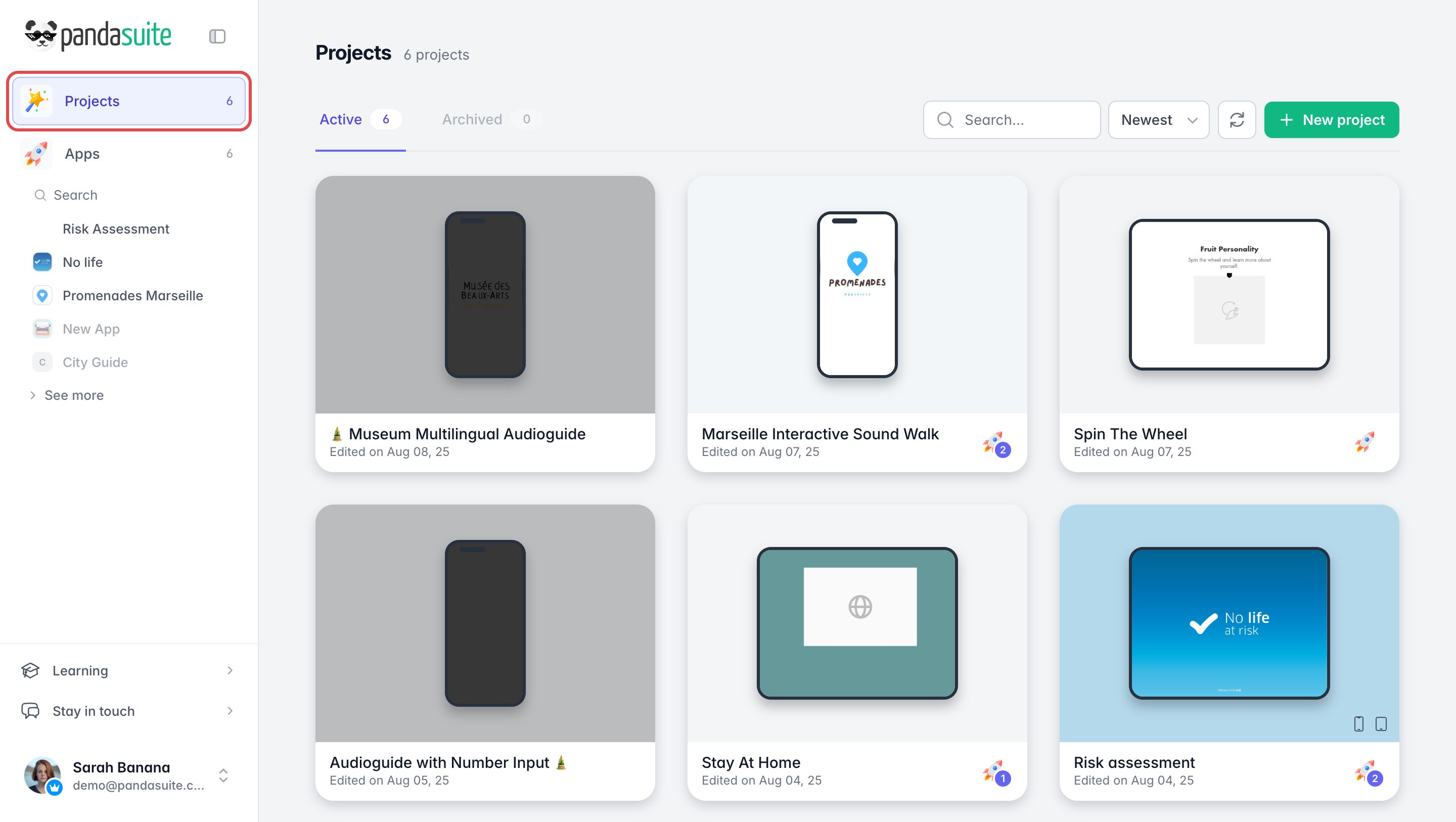 Section Projects du dashboard, encadrée dans le menu de gauche : onglets Active et Archived, bouton New project et six cartes de projet