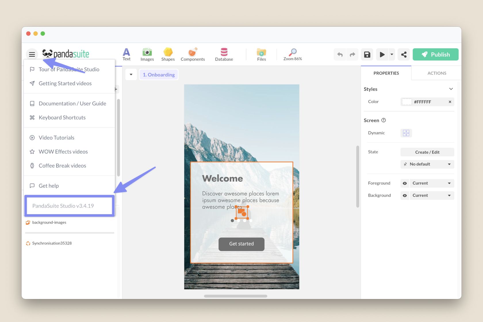 PandaSuite Studio version number location