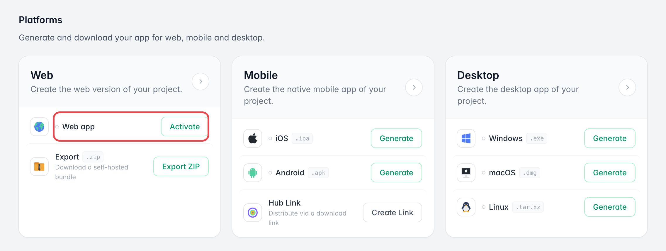 Section Platforms d'une app dans le dashboard : sur la carte Web, la ligne Web app et son bouton Activate sont encadrés