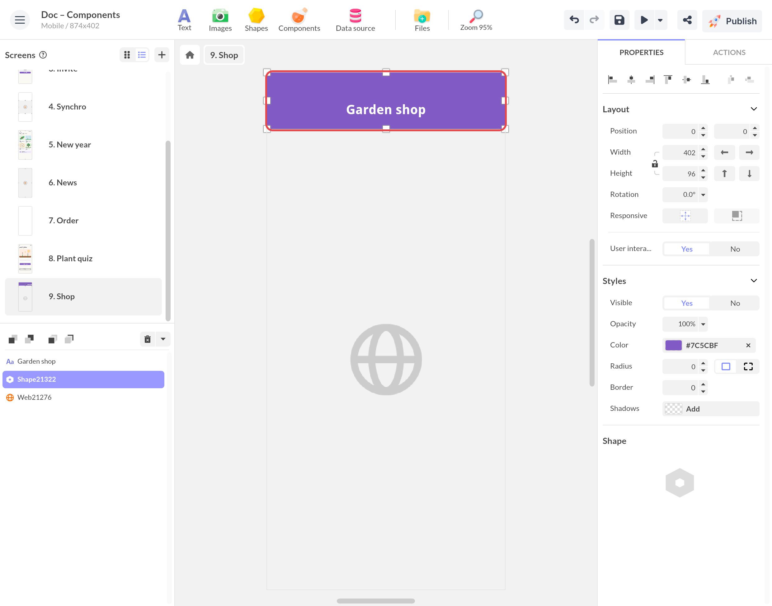 Écran Shop dans le Studio : une barre d'app violette « Garden shop », faite d'une forme et d'un texte, surmonte le composant Web plein écran