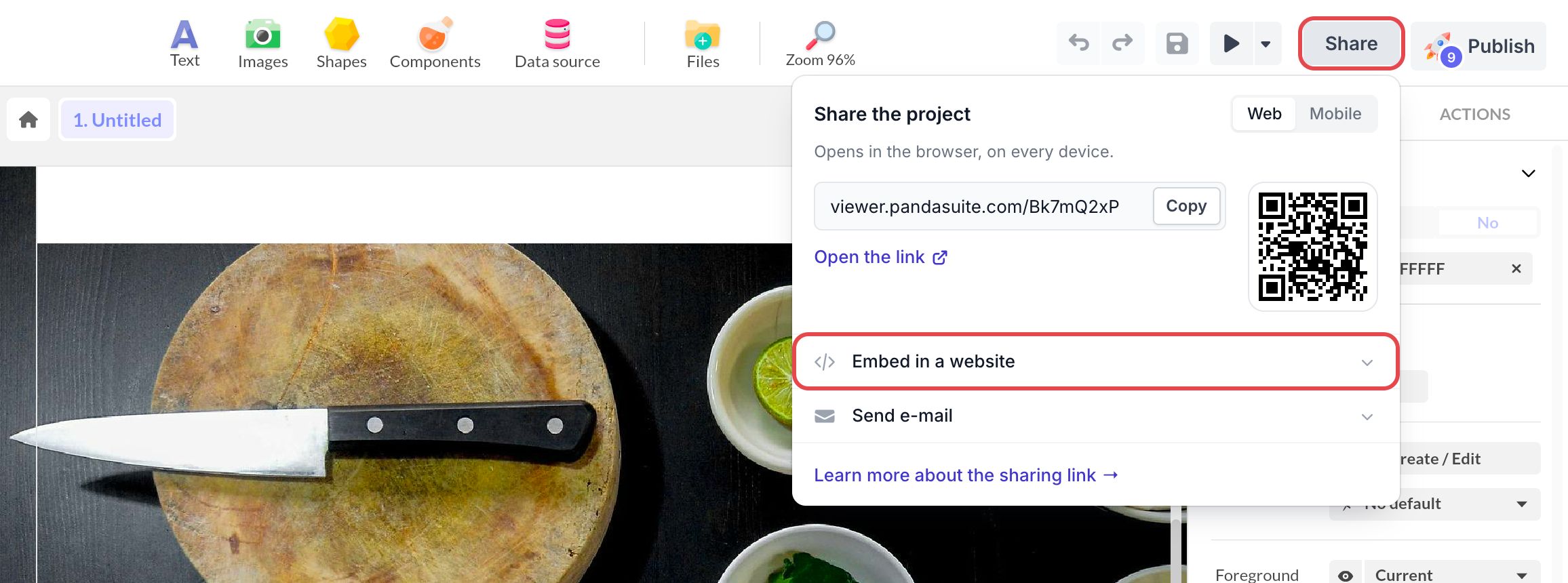 Fenêtre Share the project ouverte depuis le bouton Share du Studio : le bouton Share et la ligne Embed in a website sont encadrés
