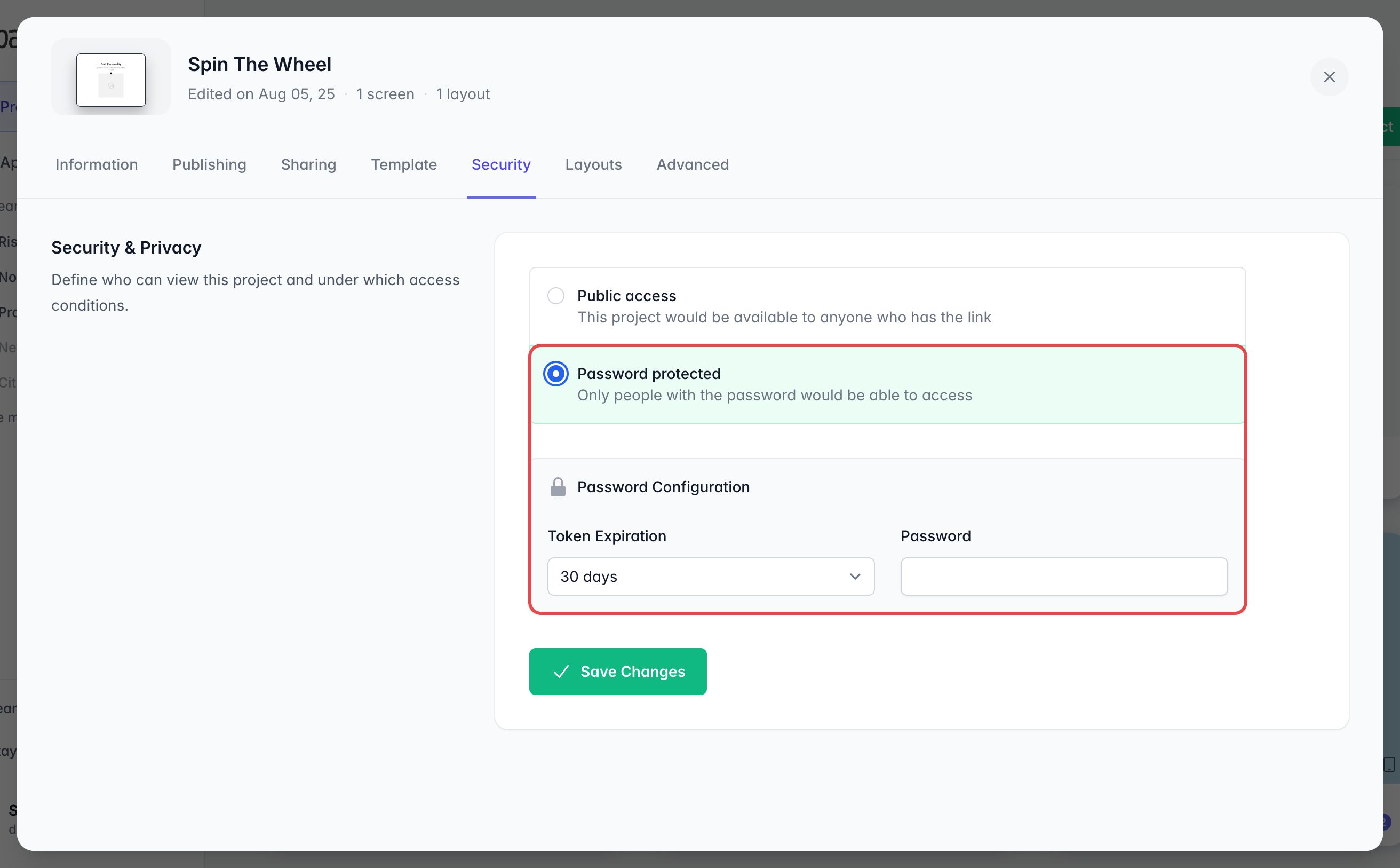 Onglet Security des réglages du projet : Password protected est sélectionné et encadré, avec une Token Expiration de 30 jours et le champ Password