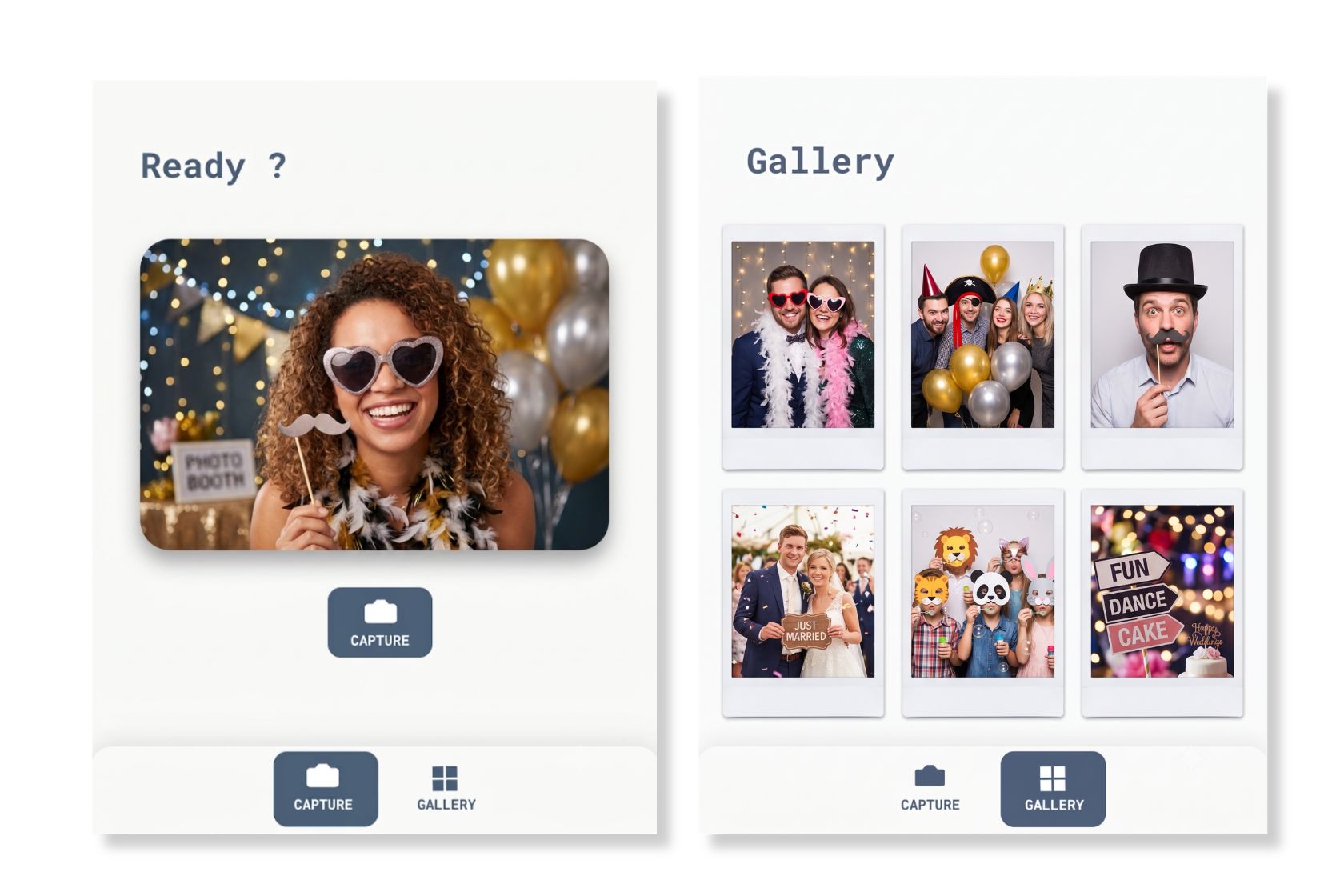 Photo Booth template: capture screen and photo gallery