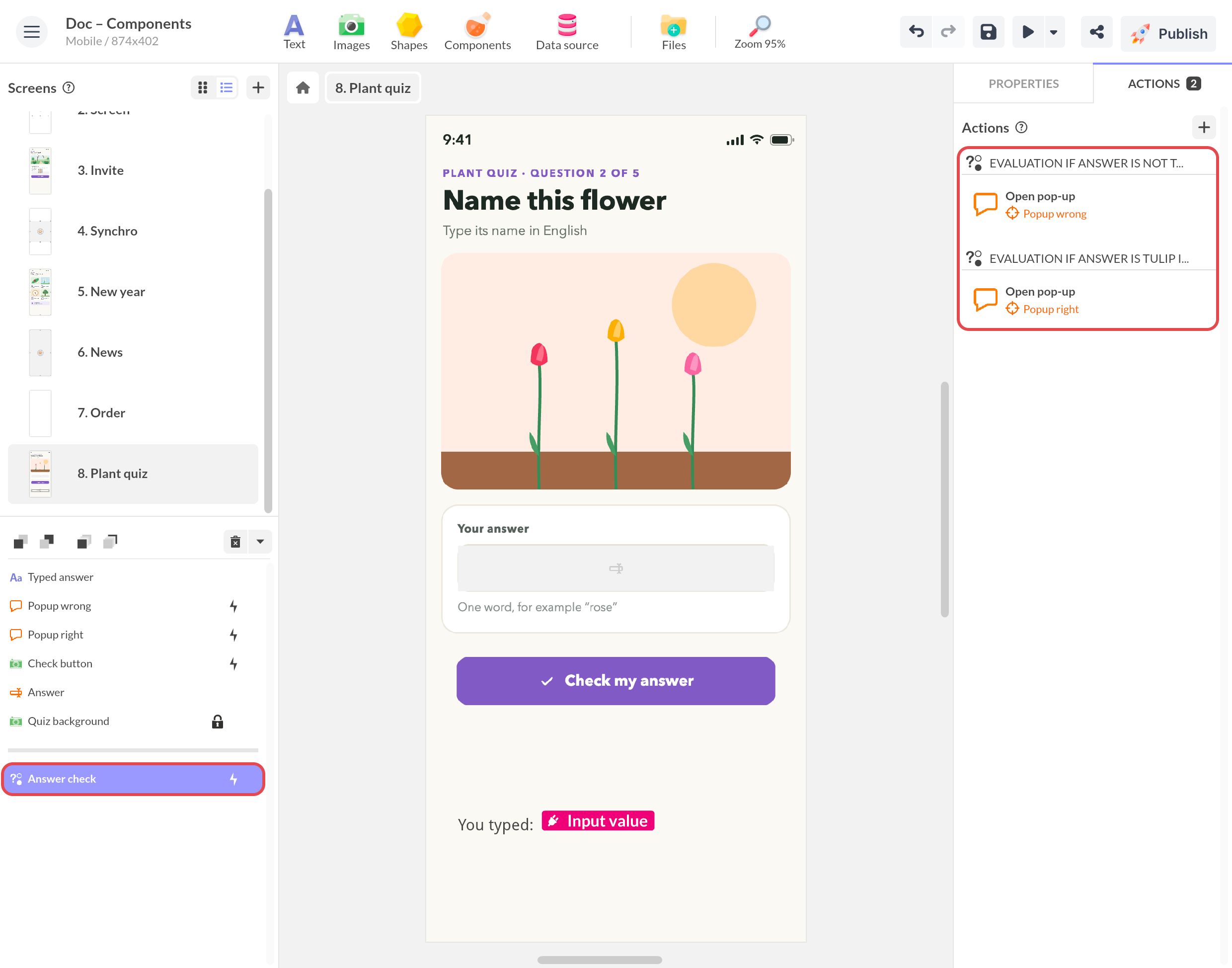 Actions du composant Condition Answer check : si la réponse est tulip, Ouvrir la pop-up affiche Popup right, sinon Popup wrong