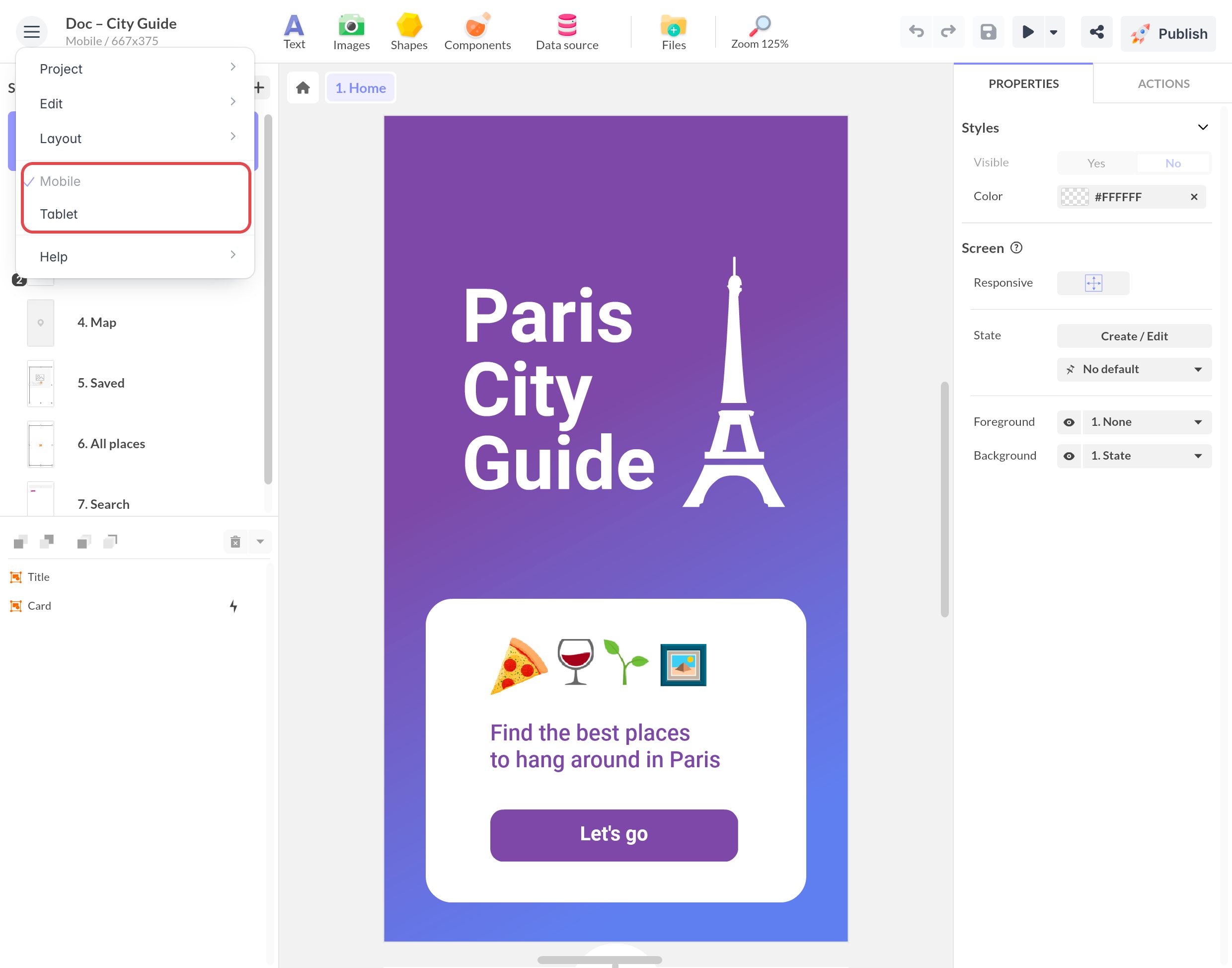 PandaSuite Studio : le menu à côté du nom du projet liste le layout Mobile, coché car ouvert, et le layout Tablet, tous deux encadrés