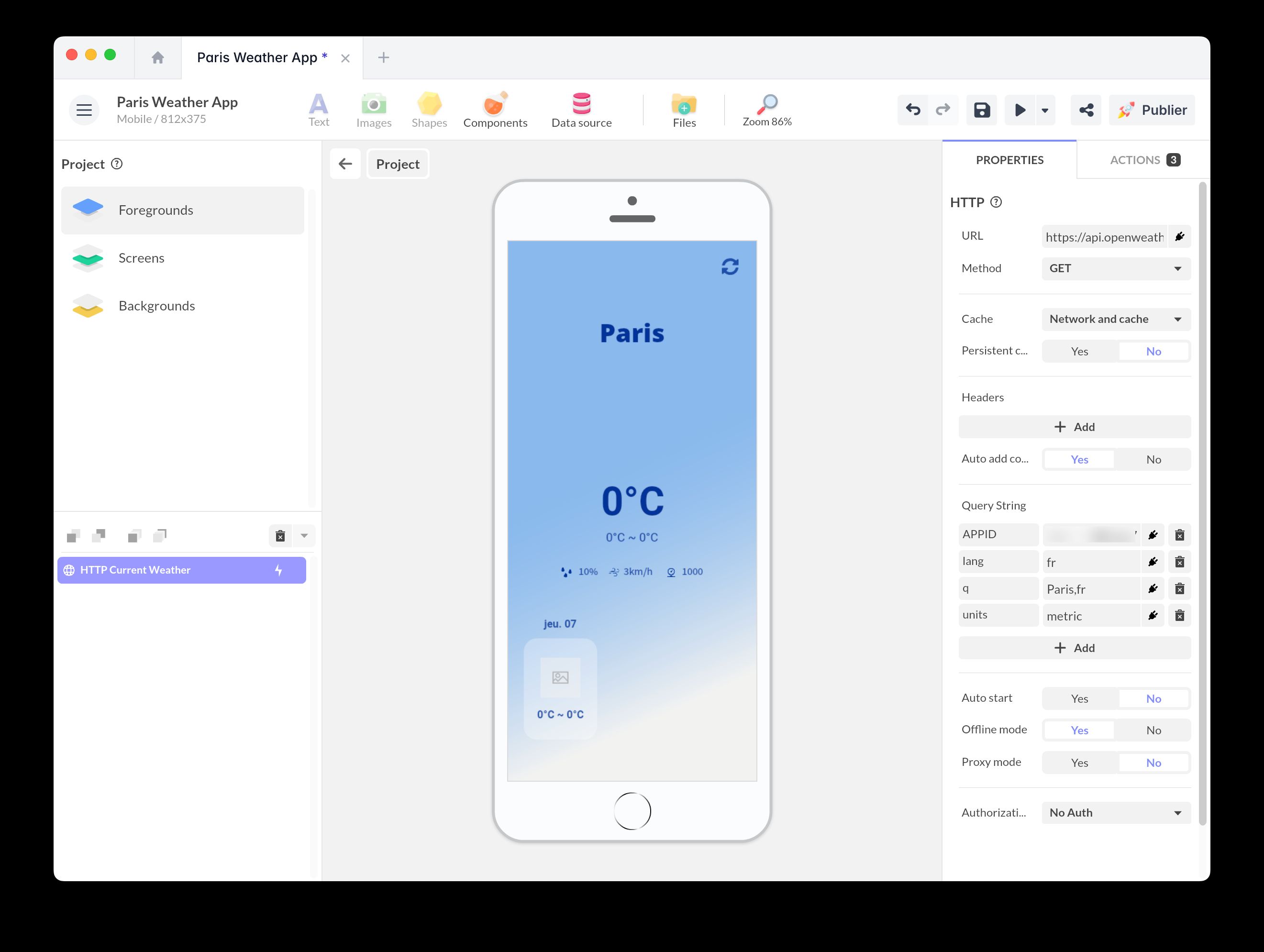 Configuration de l'API Openweather dans le composant HTTP de PandaSuite