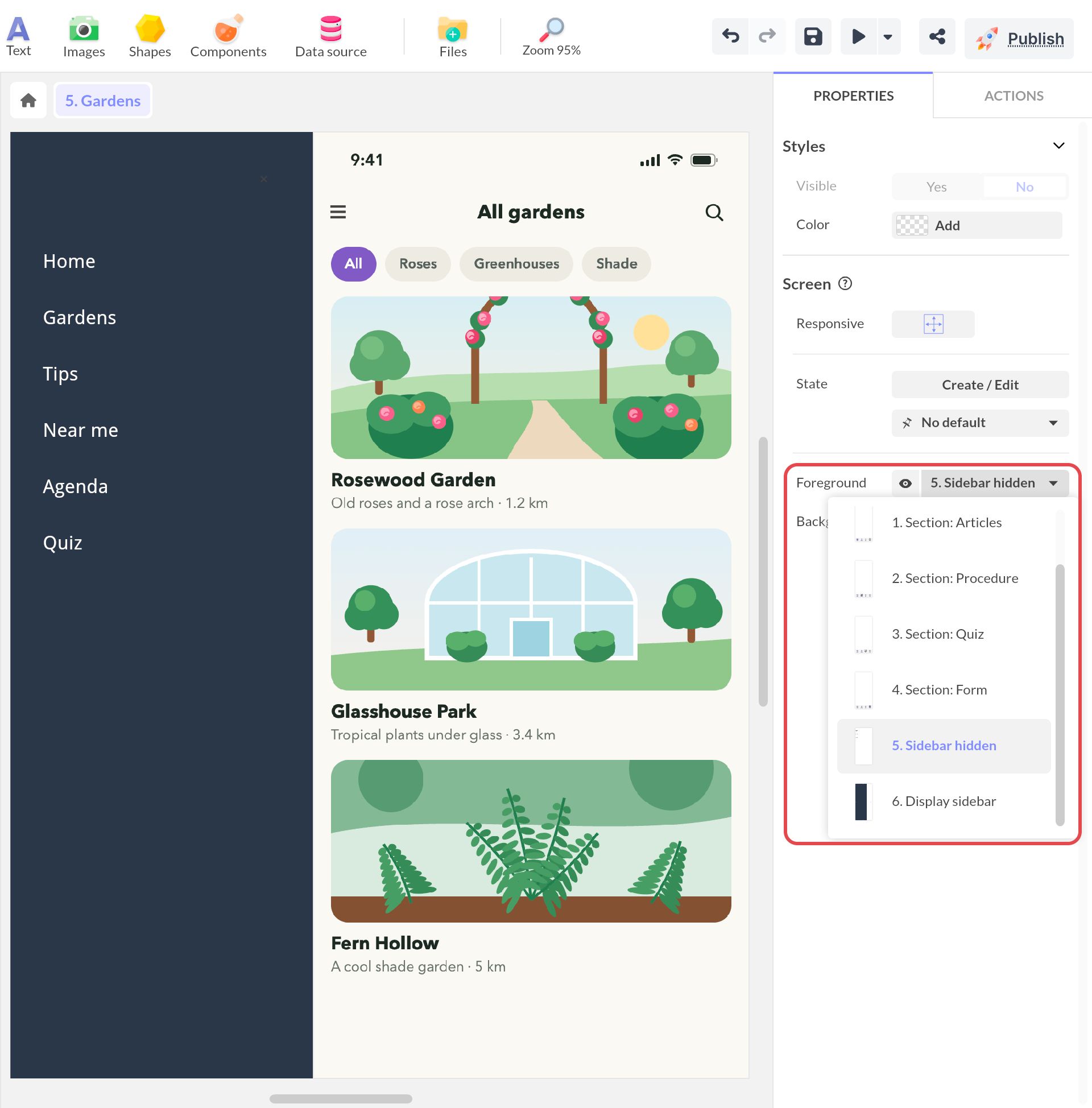 Propriétés d'un écran : la liste Avant-plan est ouverte et « 5. Sidebar hidden », où la sidebar est hors champ, est sélectionné