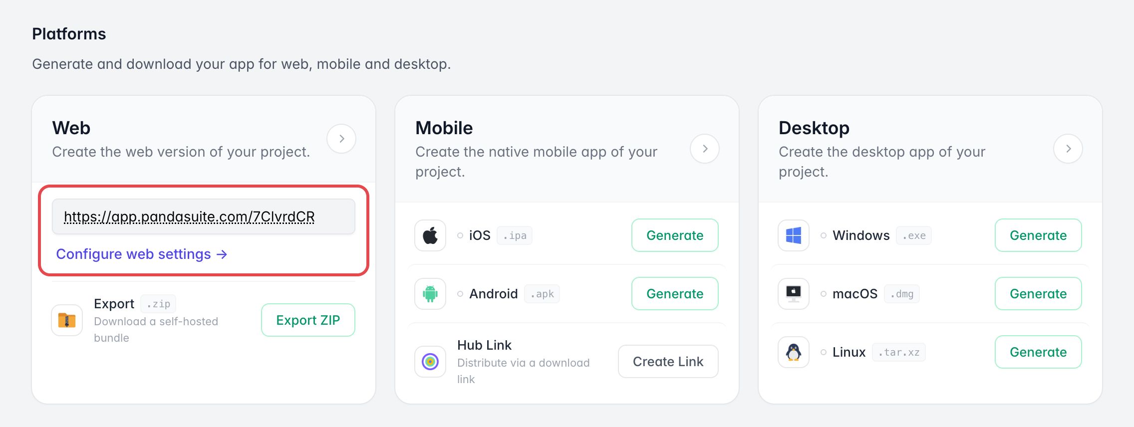 Section Platforms d'une app dans le dashboard : sur la carte Web, l'URL générée et le lien Configure web settings sont encadrés
