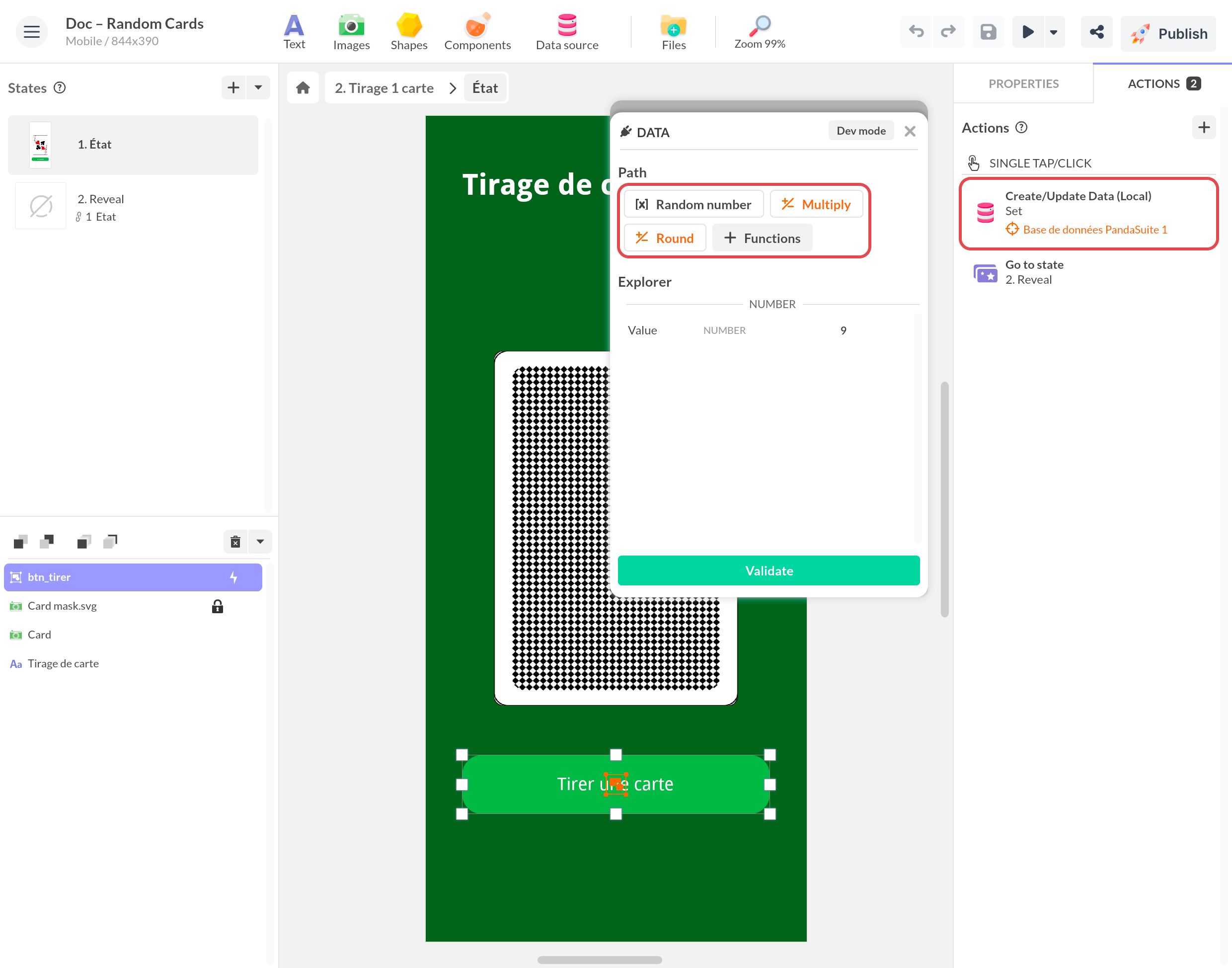Fenêtre Données de l'action du bouton de tirage : Random number, puis Multiply et Round ; l'action est encadrée à droite