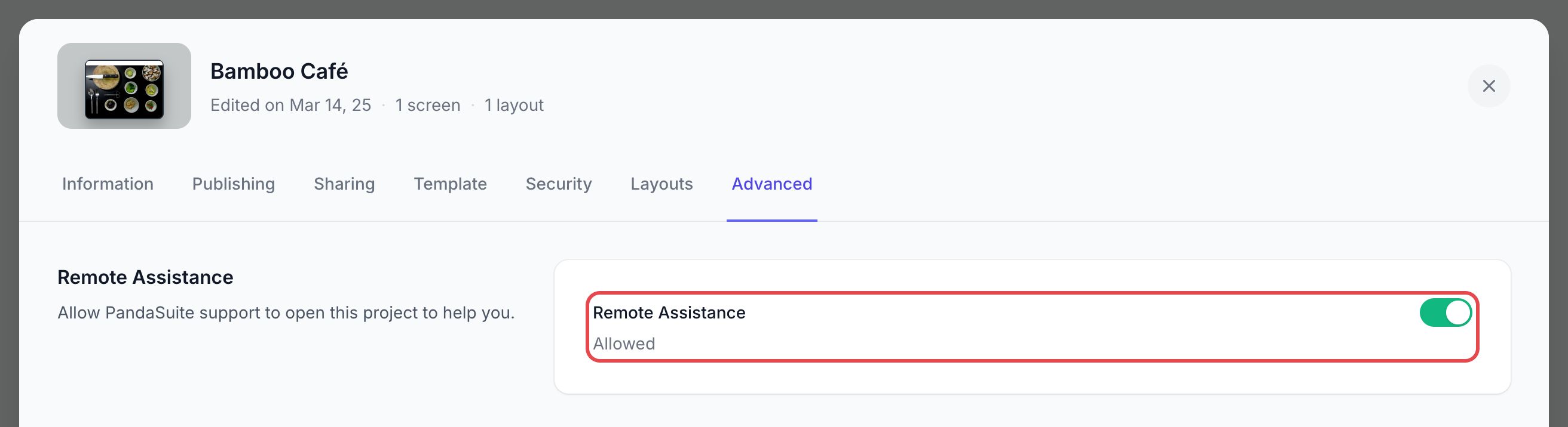 Onglet Advanced des réglages du projet : l'interrupteur Remote Assistance, activé avec le statut Allowed, est encadré