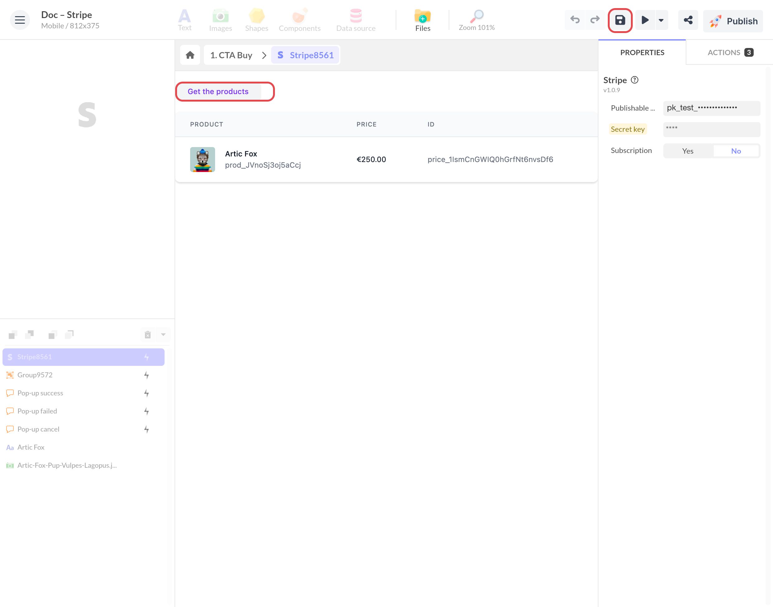 Éditeur du composant Stripe : le bouton Enregistrer et Get the products sont encadrés, au-dessus du produit Artic Fox à 250 €