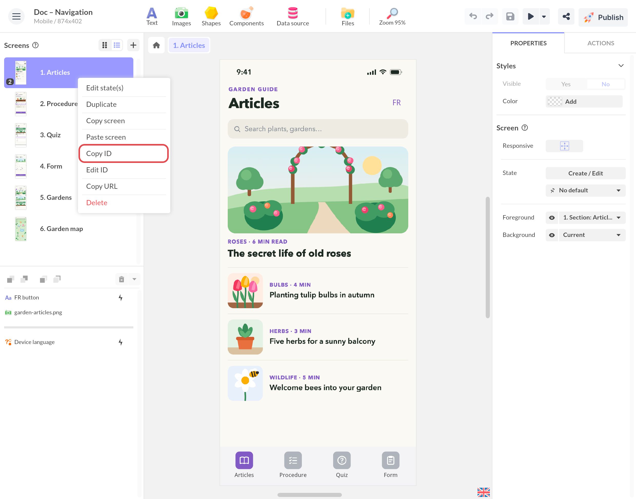Menu de l'écran 1. Articles dans PandaSuite Studio, avec Copier l'ID encadré pour obtenir l'identifiant de l'écran