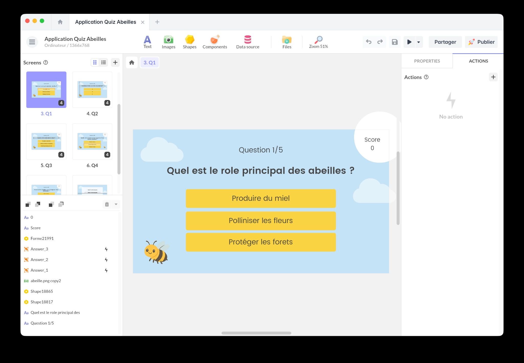 Quiz structure with one screen per question in PandaSuite Studio