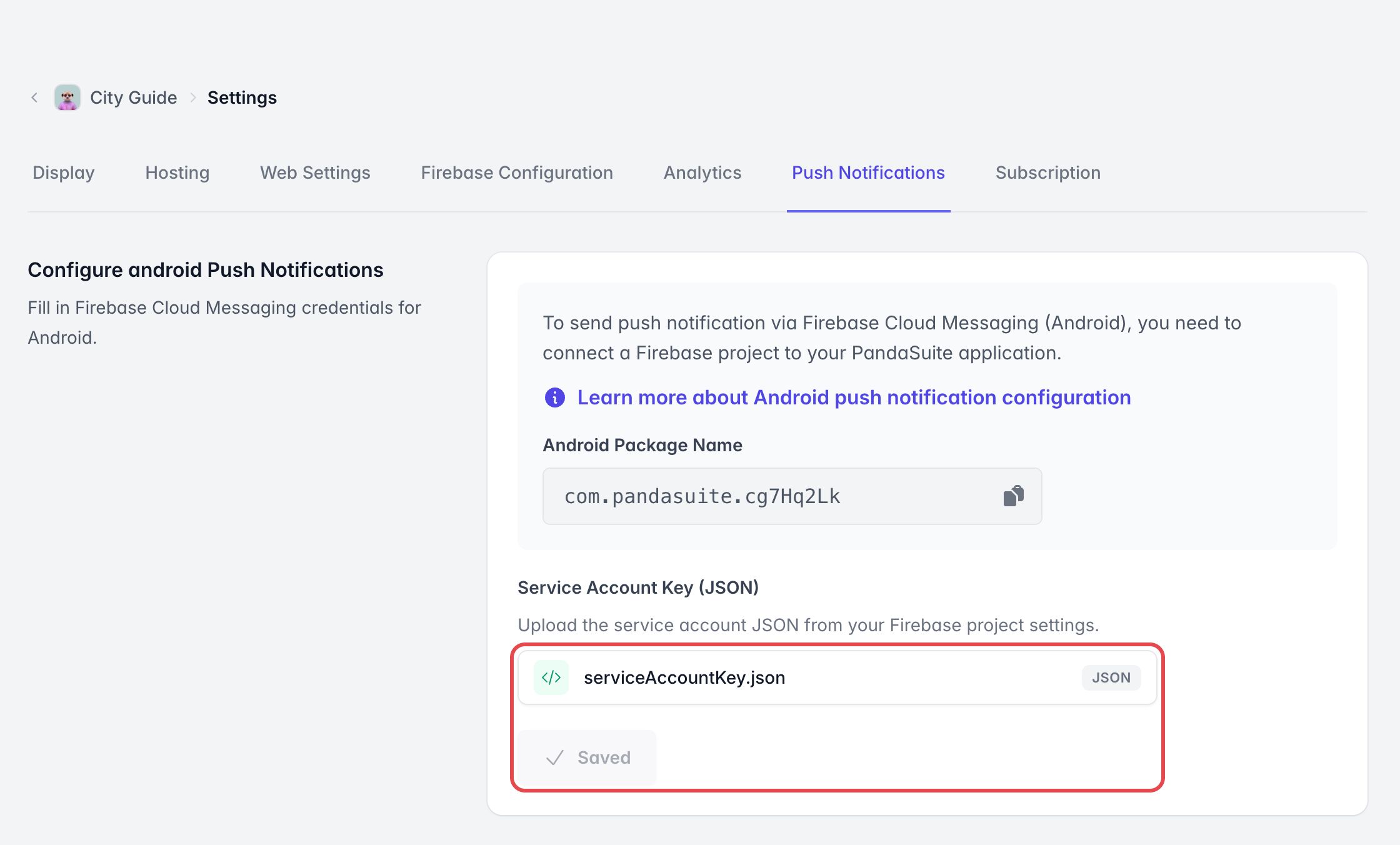 Onglet Notifications Push des paramètres de l'app : la clé de compte du service (JSON) serviceAccountKey.json est importée et enregistrée, encadrée