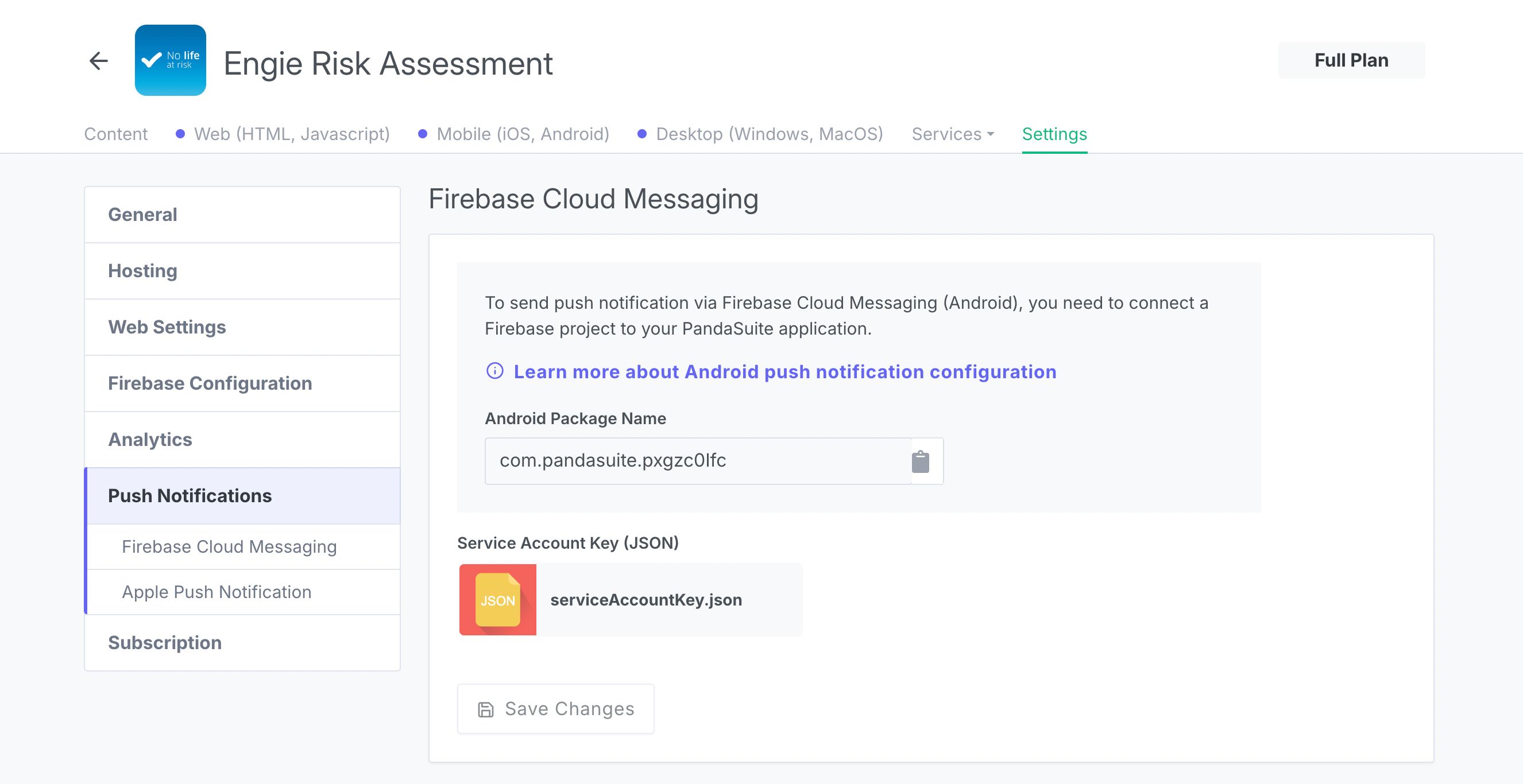Screenshot of file upload section in PandaSuite dashboard