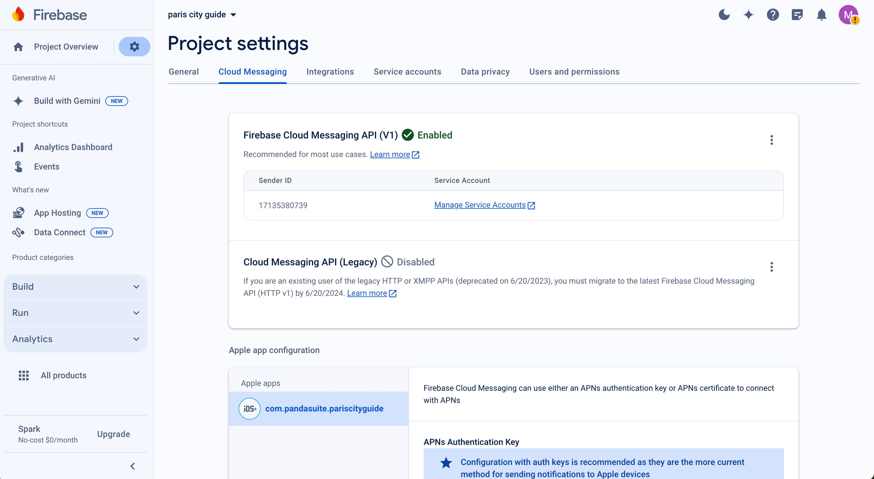 Screenshot of Service Accounts tab with Generate New Private Key button