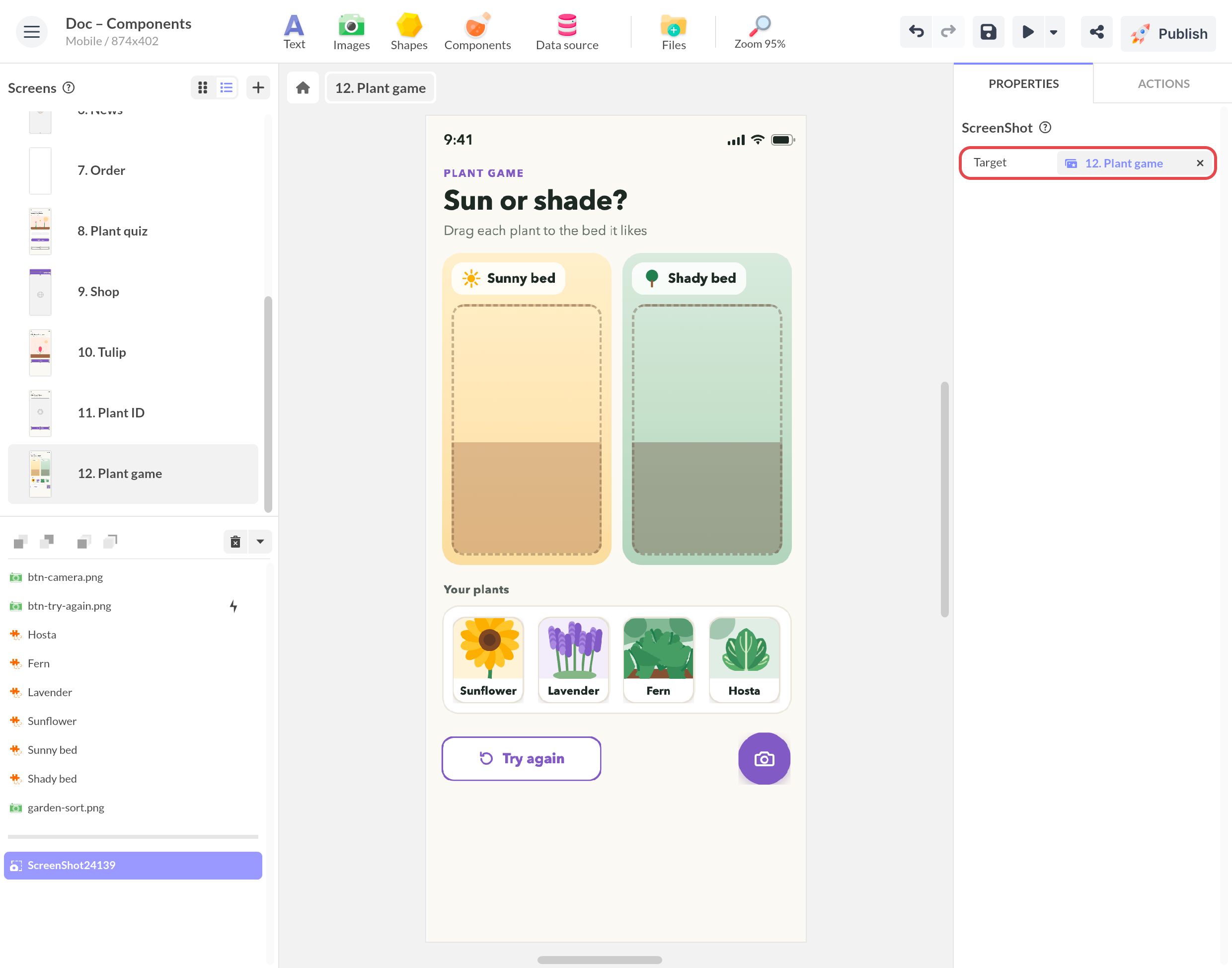 Propriétés du composant ScreenShot : sa Cible, encadrée, est l'écran 12. Plant game, celui à capturer