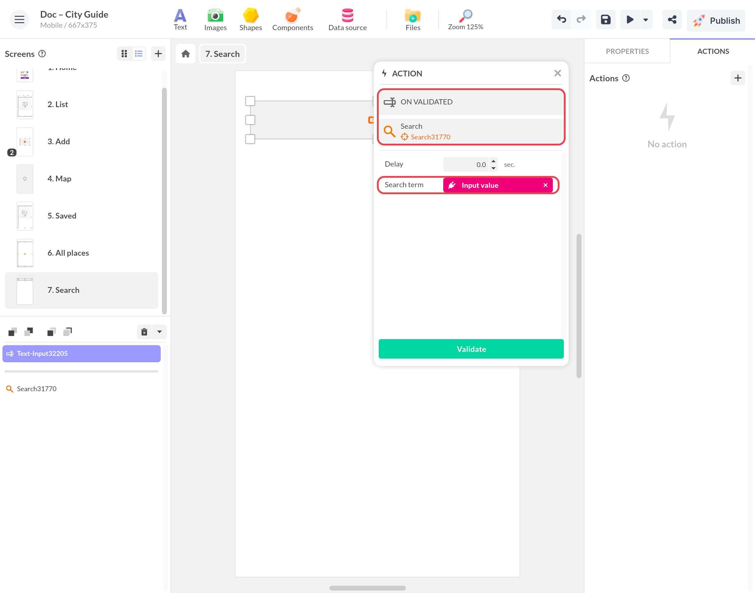 Action du champ de recherche : À la validation lance Rechercher sur le composant Recherche, avec le terme lié à la Valeur de saisie de l'événement