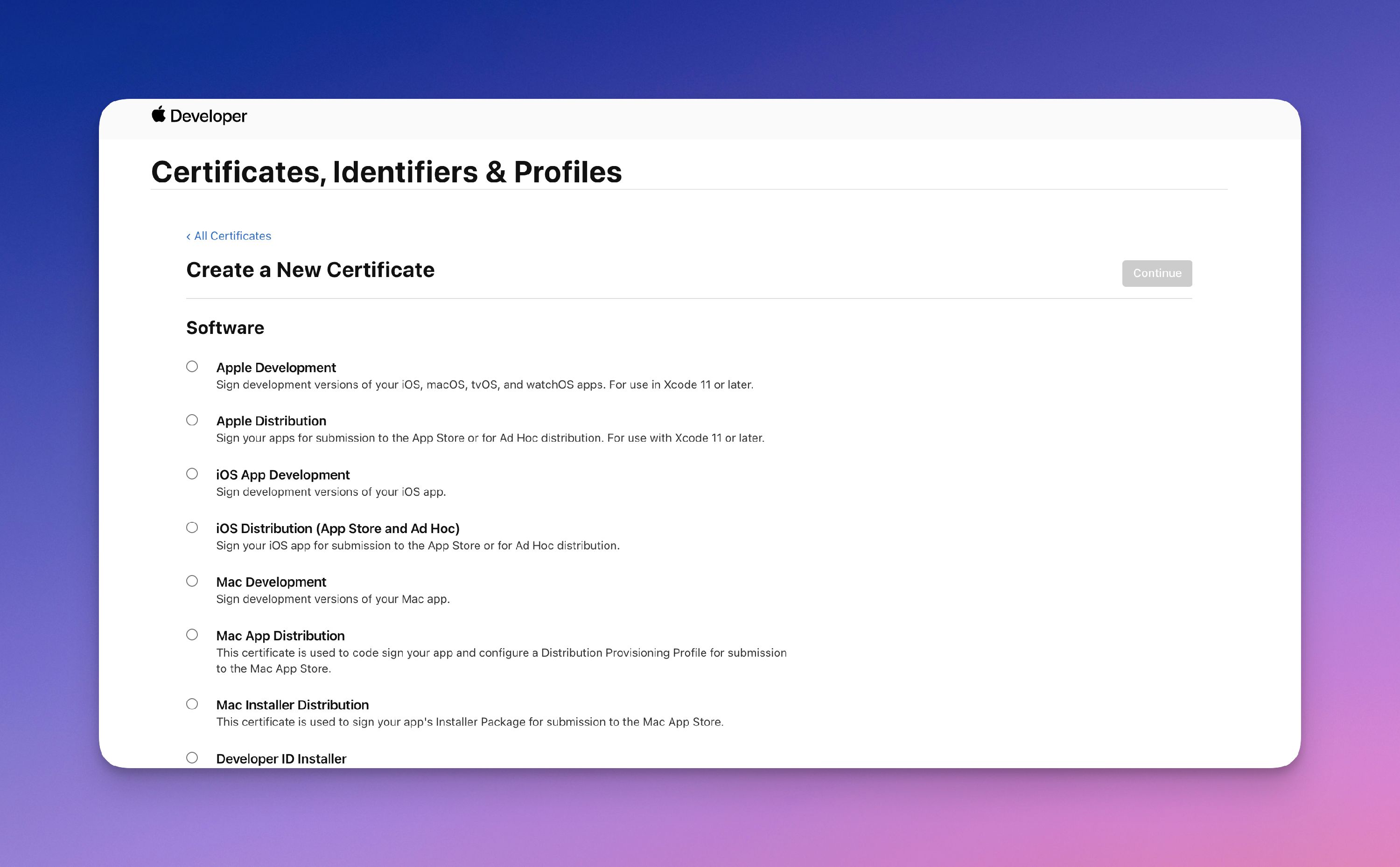 Select Certificate Type